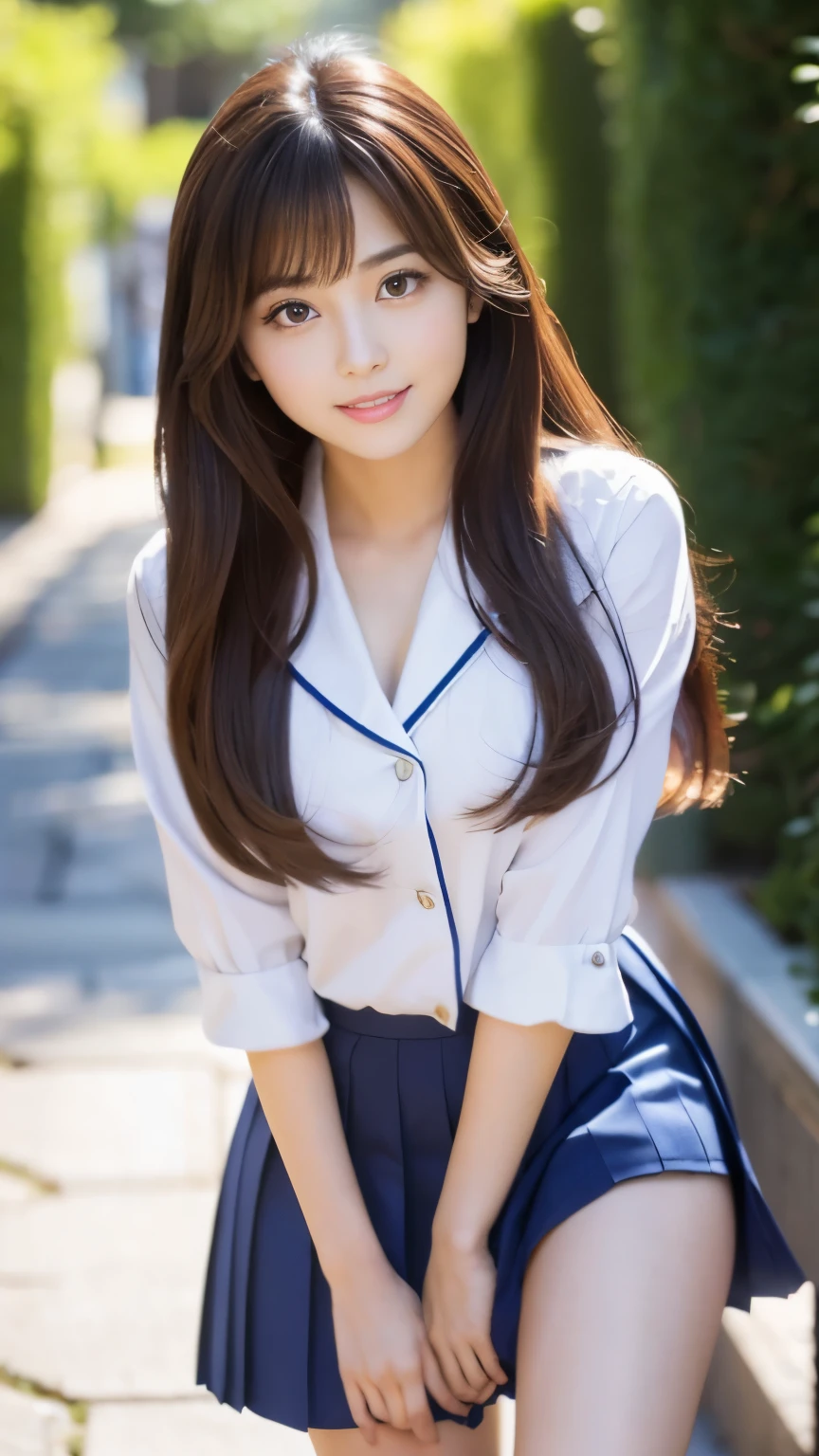 (Detailed skin:1.2),(Shiny skin:1.1),8K,Highest quality, masterpiece, Ultra-high resolution,(Realistic:1.4), RAW Photos,(Soft saturation:1.3),(Fair skin:1.2),Japanese Idols,repair,20 years, Light brown hair, (Shore Surf:1.2)、(Long Hairstyles:1.2), Asymmetrical Hair, Asymmetrical bangs (Pretty face:1.4), (Large Breasts, Tight waist), Beautiful lighting, Small Head, (Student Uniform:1.2,),Highly detailed face, Highly detailed lips, fine grain, double eyelid,(Full Body Shot), Browsing Caution, (Sharp focus: 1.2), (Perfect Anatomy、Beautiful woman with perfect figure: 1.2)、Random sexy poses,Accentuate your leg lines、Smiling