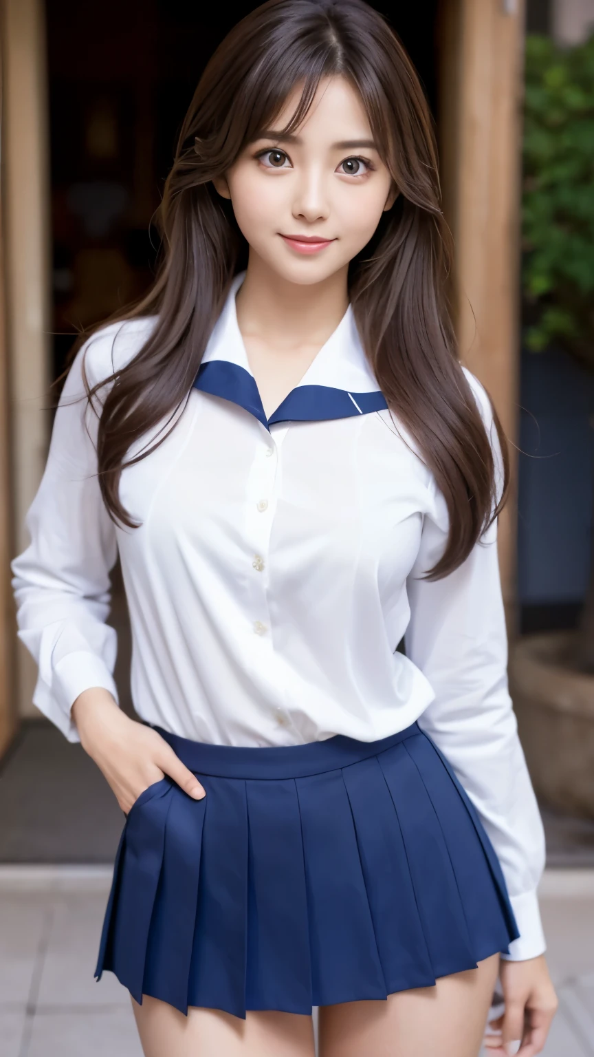 (Detailed skin:1.2),(Shiny skin:1.1),8K,Highest quality, masterpiece, Ultra-high resolution,(Realistic:1.4), RAW Photos,(Soft saturation:1.3),(Fair skin:1.2),Japanese Idols,repair,20 years, Light brown hair, （Long Hairstyles:1.2), Asymmetrical Hair, Asymmetrical bangs (Pretty face:1.4), (Large Breasts, Tight waist), Beautiful lighting, Small Head, (Student Uniform:1.2,),（Wearing loose socks:1.3),Highly detailed face, Highly detailed lips, fine grain, double eyelid,（Full Body Shot:1.2）, Browsing Caution, （Sharp focus: 1.2）, （Perfect Anatomy、Beautiful woman with perfect figure: 1.2）、Exposing cleavage、Random sexy poses，Accentuate your leg lines、Smiling