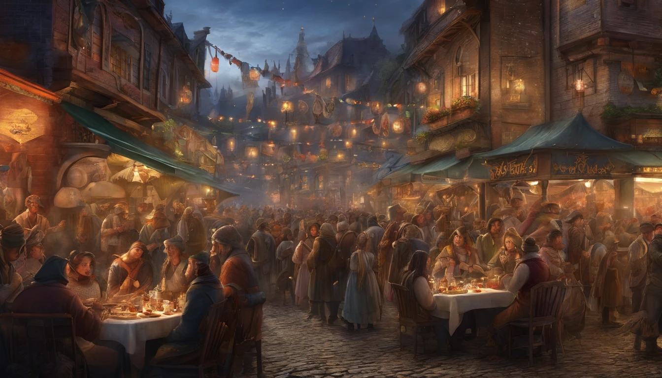 high fantasy, Crowded street with restaurants, medieval background、exterior、midnight、A grand carnival、Many fireworks go off in the night sky
