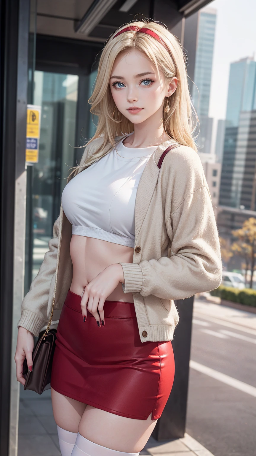 ((最high quality, 8K, masterpiece: 1.3, Ultra HD, high quality, 最high quality, High resolution, realism)) 、25 year old white woman、platinum blonde、blue eyes、long hair、smile、slender、A soft and plump feminine body、I don't want my head to disappear from the screen.、Accessorize your wrist、Wearing red nail polish、I have a peticure、wear a jacket、There's a nude woman inside the jacket、I can see my bellybutton、I'm wearing a hair band、wear a tight skirt、wearing stockings、Carrying a handbag、I'm in an office district surrounded by skyscrapers.、smile