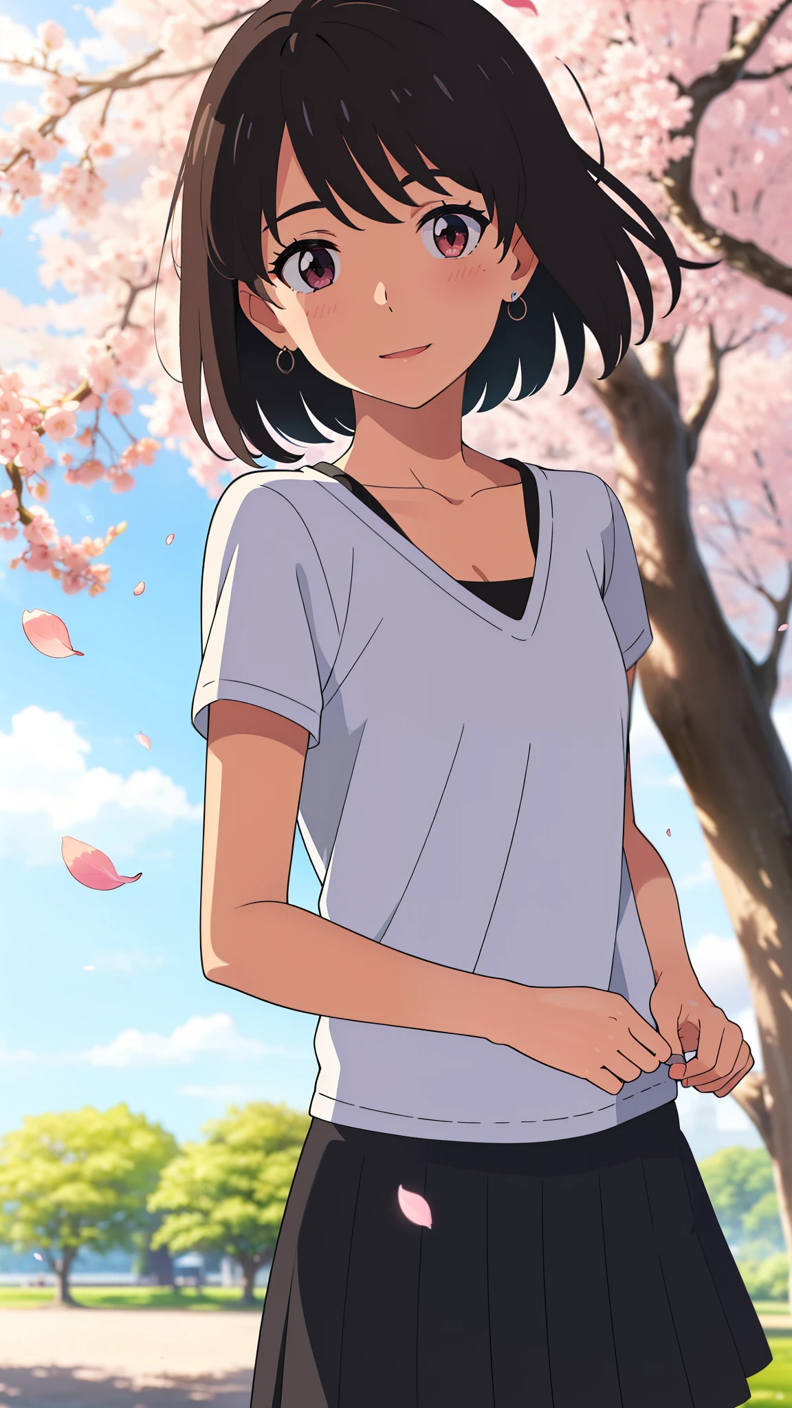 shinkai makoto, kimi no na wa., 1girl, bangs, black hair, collarbone, black shirt, bare shoulders, white pleated skirt, short skirt, red headband, red bow, red ribbon, blush, bright eyes, brown eyes, short hair, smile, cute, beautiful, open mouth, love, looking at the viewer, earrings, cherry_blossoms, falling_petals, petals, branch, pink_flower, blue_sky, sunlight, spring_season, wind, tree