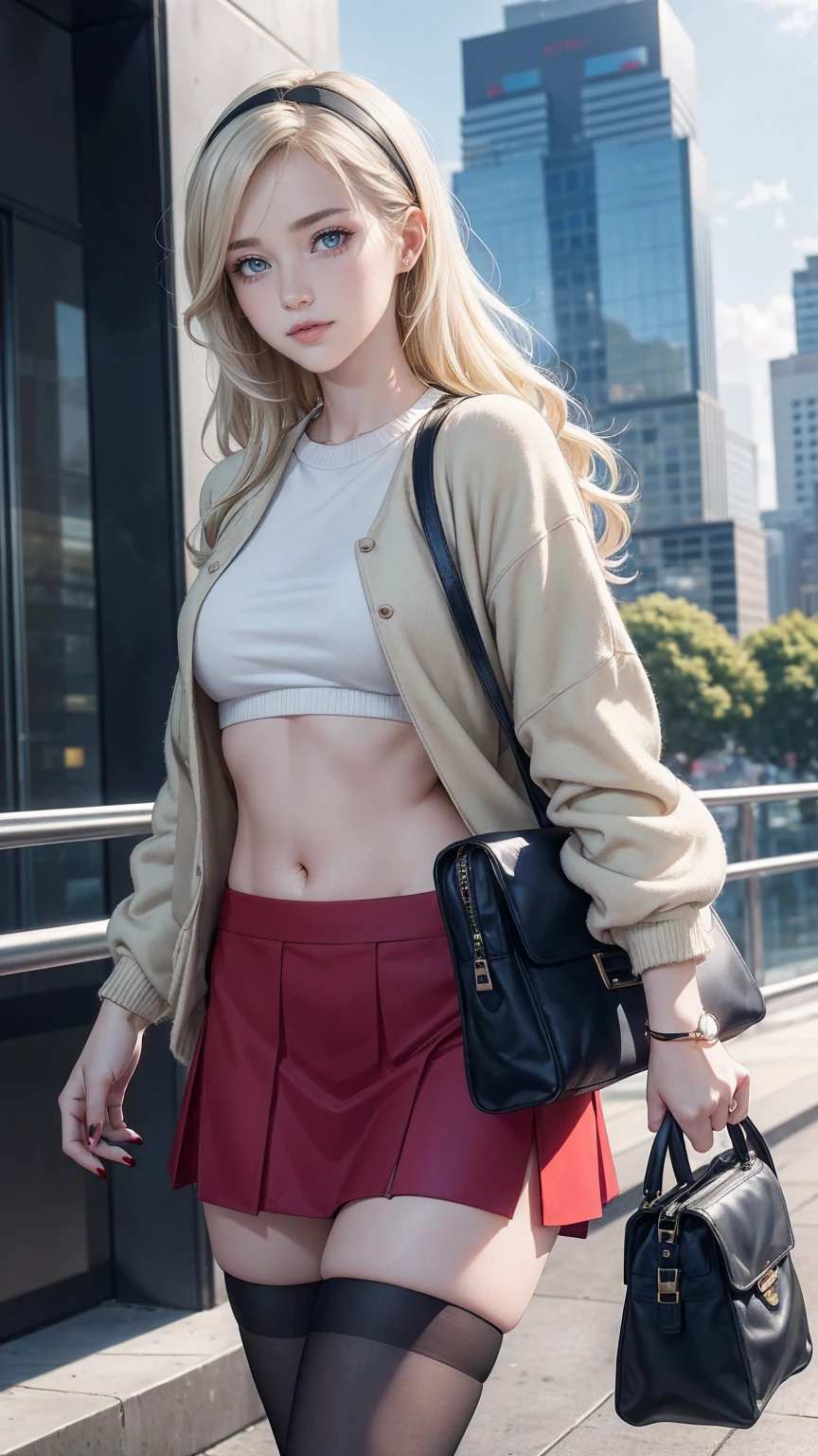 ((最high quality, 8K, masterpiece: 1.3, Ultra HD, high quality, 最high quality, High resolution, realism)) 、25 year old white woman、platinum blonde、blue eyes、long hair、smile、slender、A soft and plump feminine body、I don't want my head to disappear from the screen.、Accessorize your wrist、Wearing red nail polish、I have a peticure、wear a jacket、There's a nude woman inside the jacket、I can see my bellybutton、I'm wearing a hair band、wear a tight skirt、wearing stockings、Carrying a handbag、I'm in an office district surrounded by skyscrapers.、smile