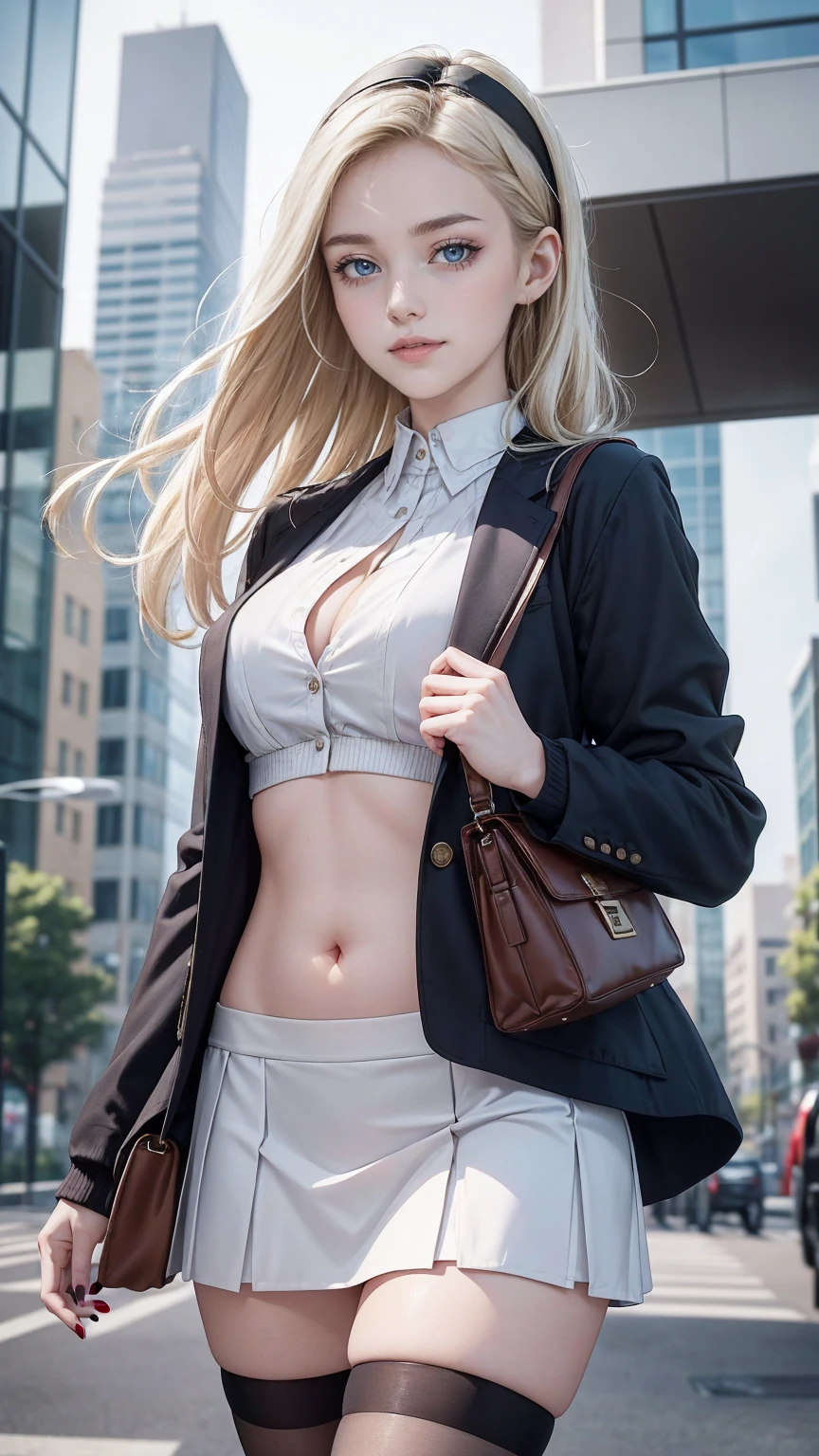 ((最high quality, 8K, masterpiece: 1.3, Ultra HD, high quality, 最high quality, High resolution, realism)) 、25 year old white woman、platinum blonde、blue eyes、long hair、smile、slender、A soft and plump feminine body、I don't want my head to disappear from the screen.、Accessorize your wrist、Wearing red nail polish、I have a peticure、wear a jacket、There's a nude woman inside the jacket、I can see my bellybutton、I'm wearing a hair band、wear a tight skirt、wearing stockings、Carrying a handbag、I'm in an office district surrounded by skyscrapers.、smile