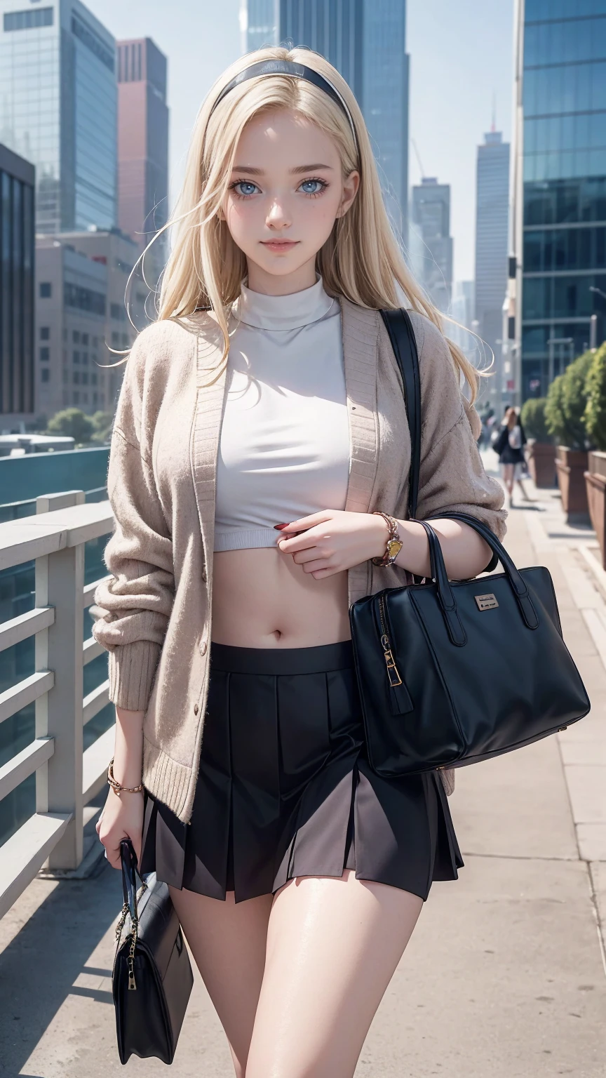 ((最high quality, 8K, masterpiece: 1.3, Ultra HD, high quality, 最high quality, High resolution, realism)) 、25 year old white woman、platinum blonde、blue eyes、long hair、smile、slender、A soft and plump feminine body、I don't want my head to disappear from the screen.、Accessorize your wrist、Wearing red nail polish、I have a peticure、wear a jacket、There's a nude woman inside the jacket、I can see my bellybutton、I'm wearing a hair band、wear a tight skirt、wearing stockings、Carrying a handbag、I'm in an office district surrounded by skyscrapers.、smile