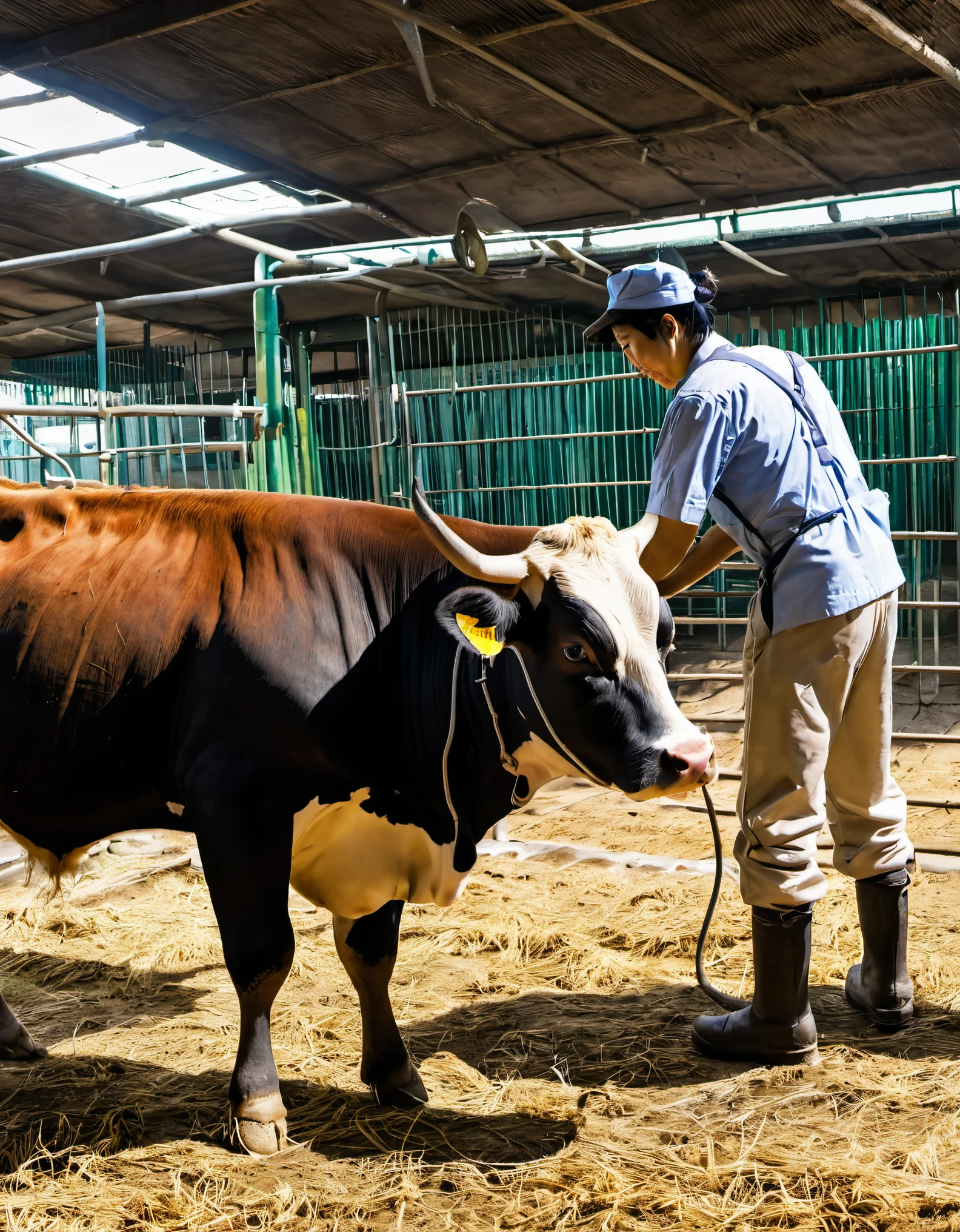 A zookeeper takes care of a large Japanese cow in the livestock shed.