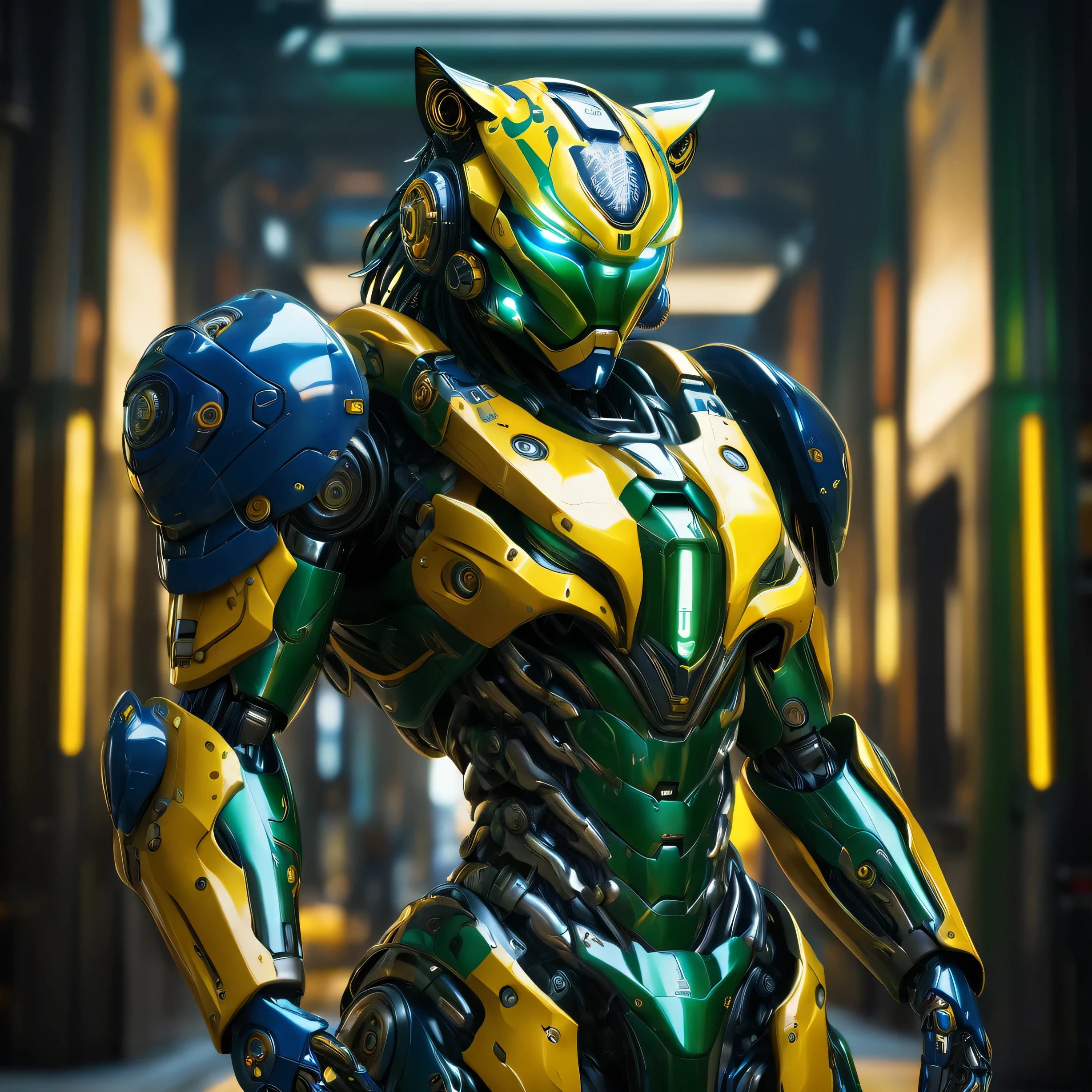 an ultra detailed, hiper realism, digital art, of a mecha tiger, dark blue eyes, with in an elegant dark green and yellow cyborg armor with mechanic parts and cyborg helmet with the brazil flag on background photo , sci-fi armor, super detailed armor, carbon textures, ghost in the shell, deus ex, full body shot, action pose, ultra sharp focus, award winning photography, perfect contrast, high sharpness, depth of field, ultra detailed photography, global illumination, smooth, 35mm, full body vision, ultra high definition, 8k, unreal engine 5, ultra sharp focus, award winning photography, trending on artstation