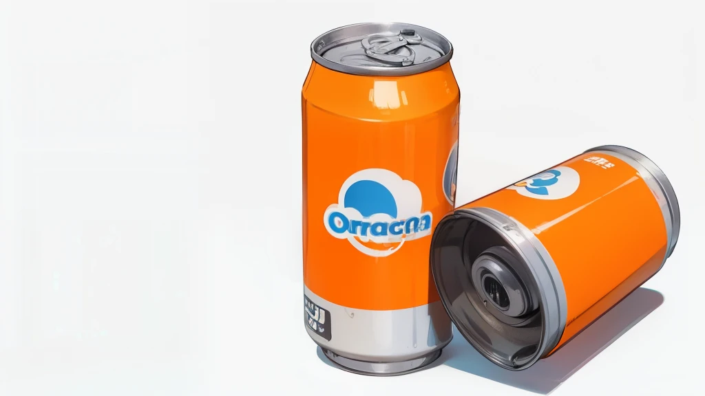 and orange can, simple can, gray background, blue  cloud logo on can, simple