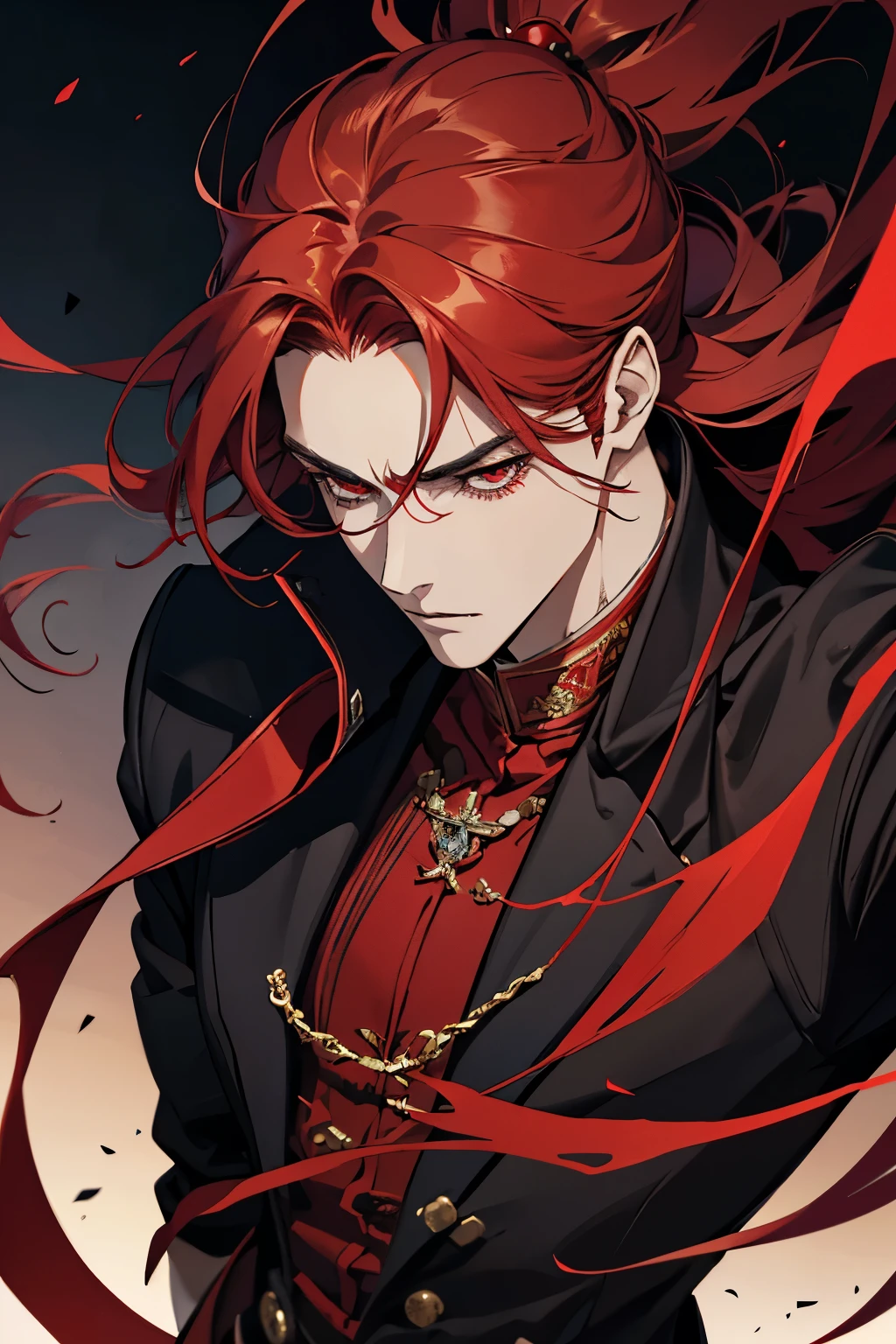 close up of a person with muscular naked upper body and red hair, alucard, full body xianxia, beautiful male god of death, vampire fashion, detailed anime character art, male vampire of clan banu haqim, black and red pants, l vampire, with his long red hair, androgynous vampire, detailed 20 year old male face, ultra realistic anime red eyes no emotions, INTJ, intelligent, using blood manipulation skills