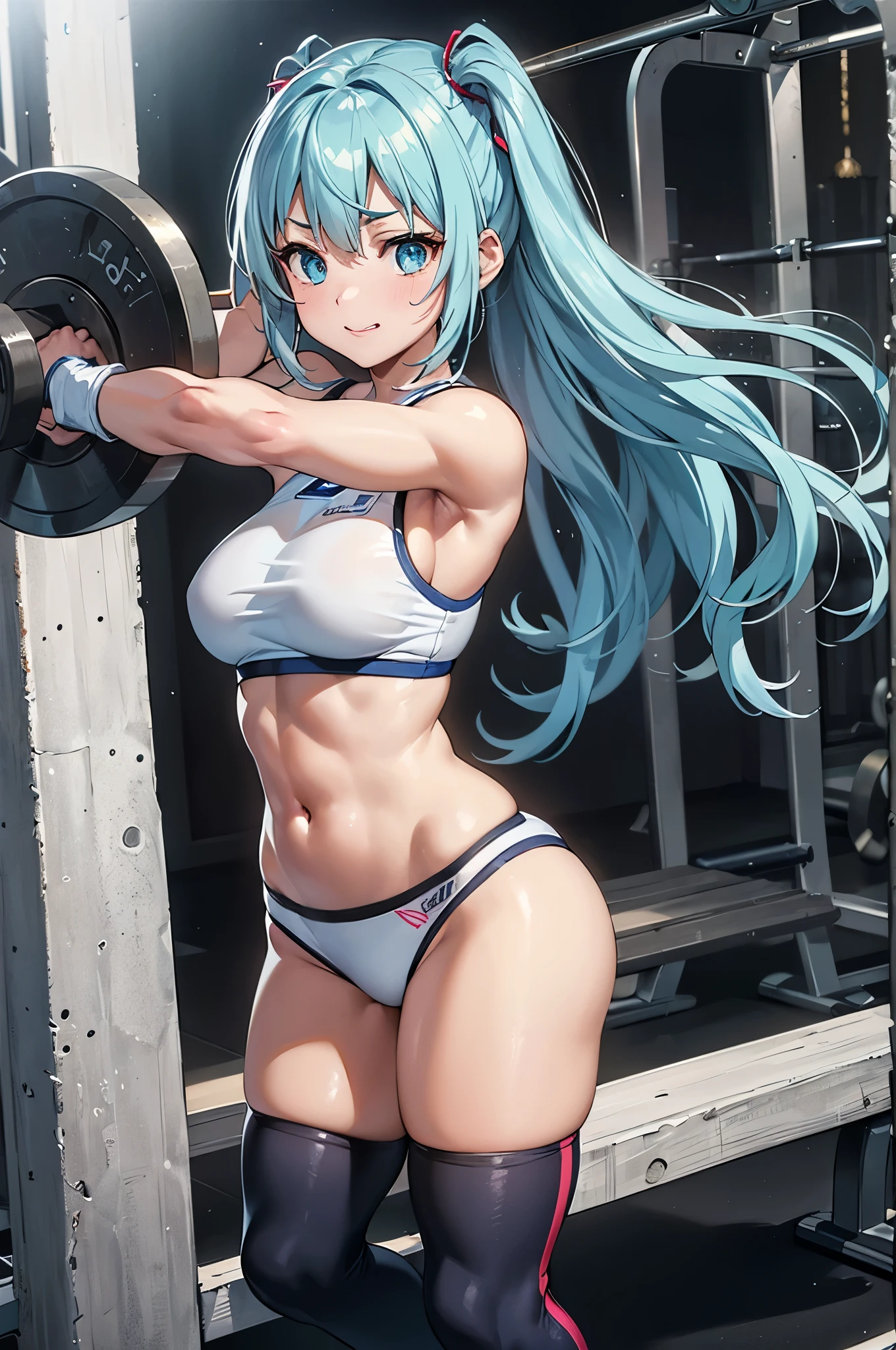 (highest quality,Super detailed,realistic:1.37),light blue long hair、Beautiful girl with twin tails、bright smile、White Fitness Wear、muscular body,Demonstrate immense power,Lifting heavy dumbbells,muscle definition,many prominent veins,sweat dripping,Bright gym interior、Training intensity,moving body,Physically demanding,heavier barbells and dumbbells,Focus and determination,Fitness trainer giving advice,mirrors reflecting bright colors,studio lighting,Weight training and power training,Stamina and endurance training,Dumbbell curls,bench press practice,gym equipment,Fatigue and perseverance,High energy training environment,Inspiring music playing in the background.