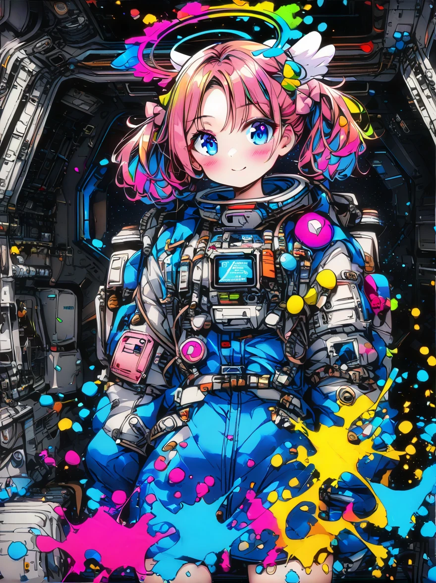 hair bobbles, wince, long eyelashes, solid circle eyes, light smile, ear blush, fang, (((rainbow hair))), makeup, blush, sad, sad smile, drop shadow, anaglyph, atmospheric perspective, 8k, super detail, accurate, best quality, (cyberpunk), bright lighting, masterpiece,1girll, ((((short twintails)))), Colorful hair, flying, pink bows,((-yeld fee model)), (angel halo) , eye level shot, (((astronaut))), (((cowboy shot))), ((((( color splash ))))), (((tech savy)))