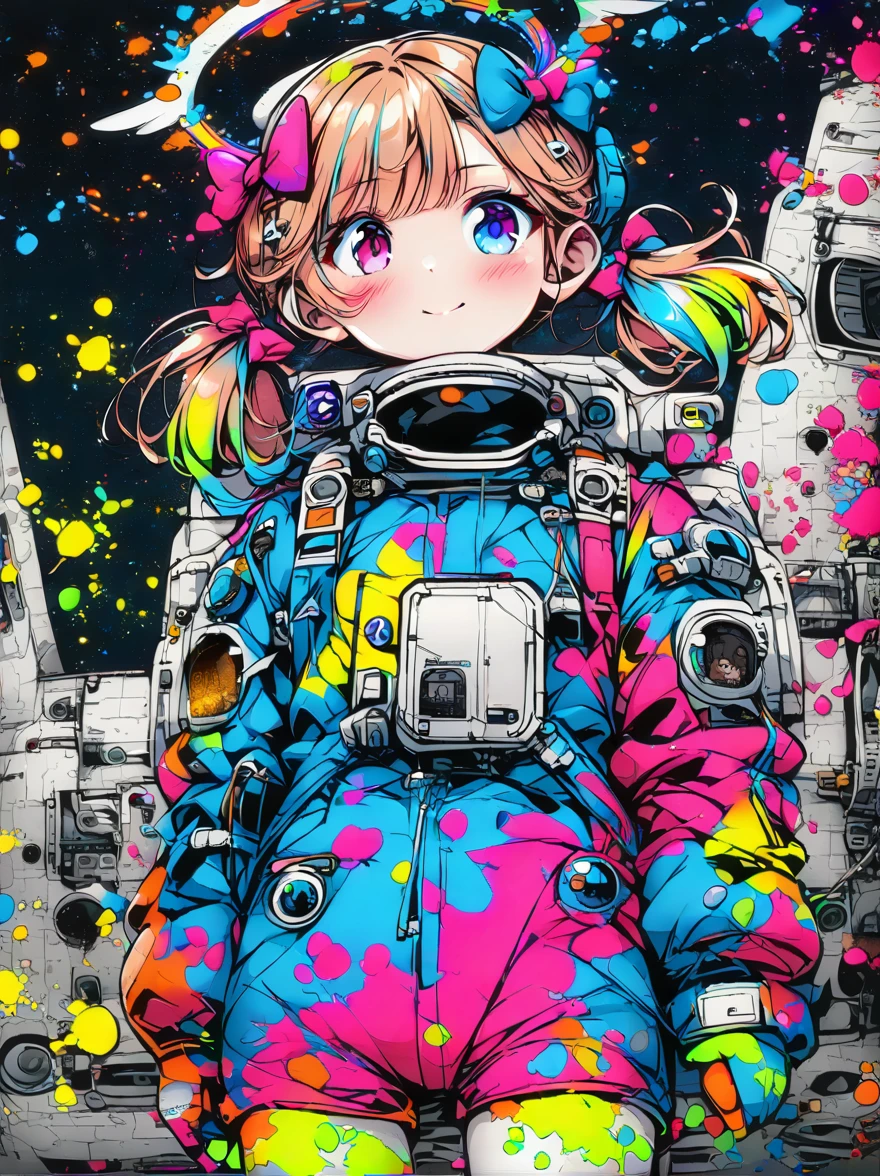 hair bobbles, wince, long eyelashes, solid circle eyes, light smile, ear blush, fang, (((rainbow hair))), makeup, blush, sad, sad smile, drop shadow, anaglyph, atmospheric perspective, 8k, super detail, accurate, best quality, (cyberpunk), bright lighting, masterpiece,1girll, ((((short twintails)))), Colorful hair, flying, pink bows,((16-year-old female model)), (angel halo) , eye level shot, (((astronaut))), (((cowboy shot))), ((((( color splash ))))), (((tech savy)))