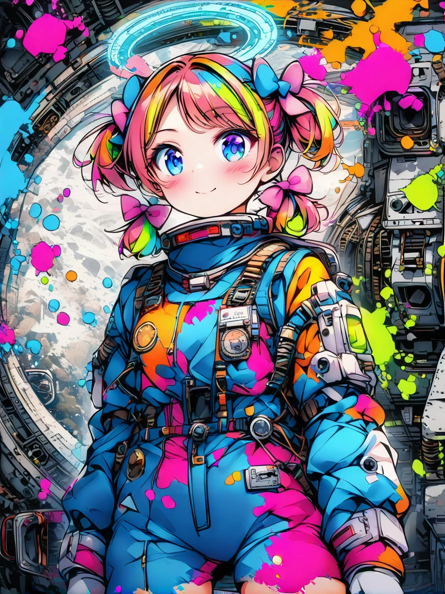 hair bobbles, wince, long eyelashes, solid circle eyes, light smile, ear blush, fang, (((rainbow hair))), makeup, blush, sad, sad smile, drop shadow, anaglyph, atmospheric perspective, 8k, super detail, accurate, best quality, (cyberpunk), bright lighting, masterpiece,1girll, ((((short twintails)))), Colorful hair, flying, pink bows,((-yeld fee model)), (angel halo) , eye level shot, (((astronaut))), (((cowboy shot))), ((((( color splash ))))), (((tech savy)))