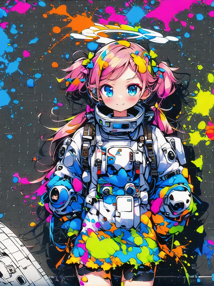 hair bobbles, wince, long eyelashes, solid circle eyes, light smile, ear blush, fang, (((rainbow hair))), makeup, blush, sad, sad smile, drop shadow, anaglyph, atmospheric perspective, 8k, super detail, accurate, best quality, (cyberpunk), bright lighting, masterpiece,1girll, ((((short twintails)))), Colorful hair, flying, pink bows,((16-year-old female model)), (angel halo) , eye level shot, (((astronaut))), (((cowboy shot))), ((((( color splash ))))), (((tech savy)))