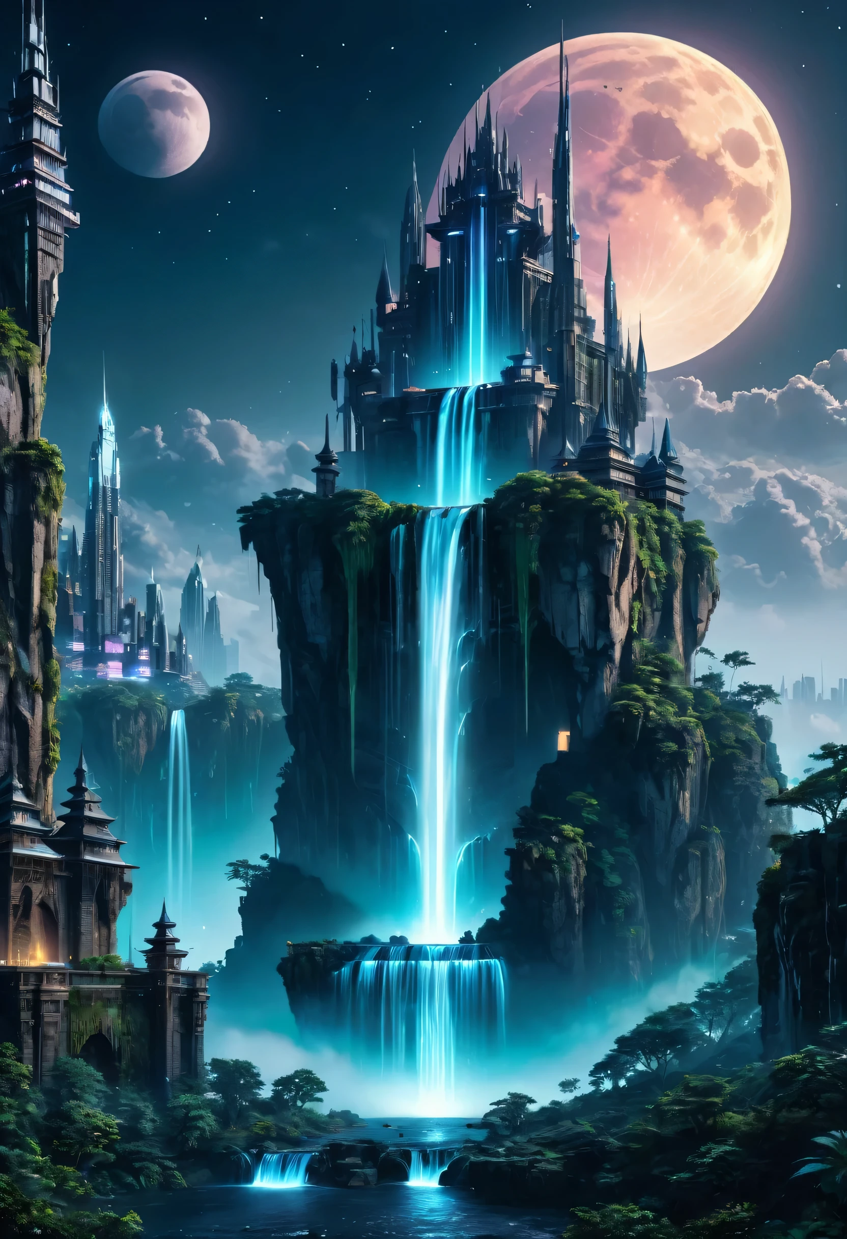 nighttime scene,Full moon night，Huge castles and skyscrapers floating in the sky Cyberpunk alien world fantasy high quality ultra high definition utopia 8K giant waterfall nature