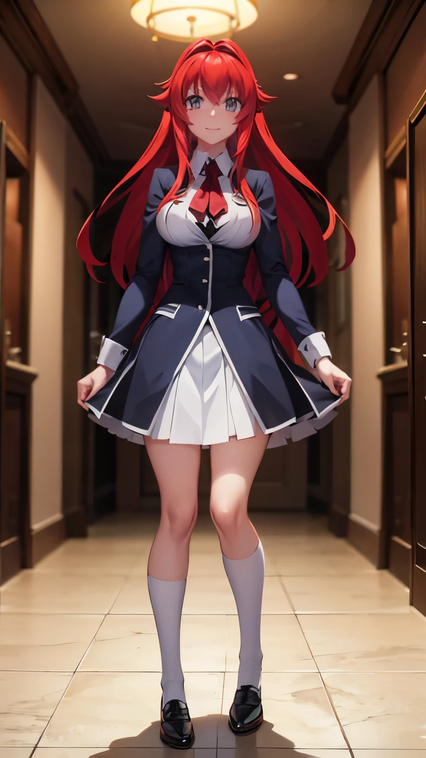 Rias Gremory, Adolescente, vestido con el uniforme de la Academia Kuoh, sonrisa, Hermoso, pechos medianos, background in the occult research club room