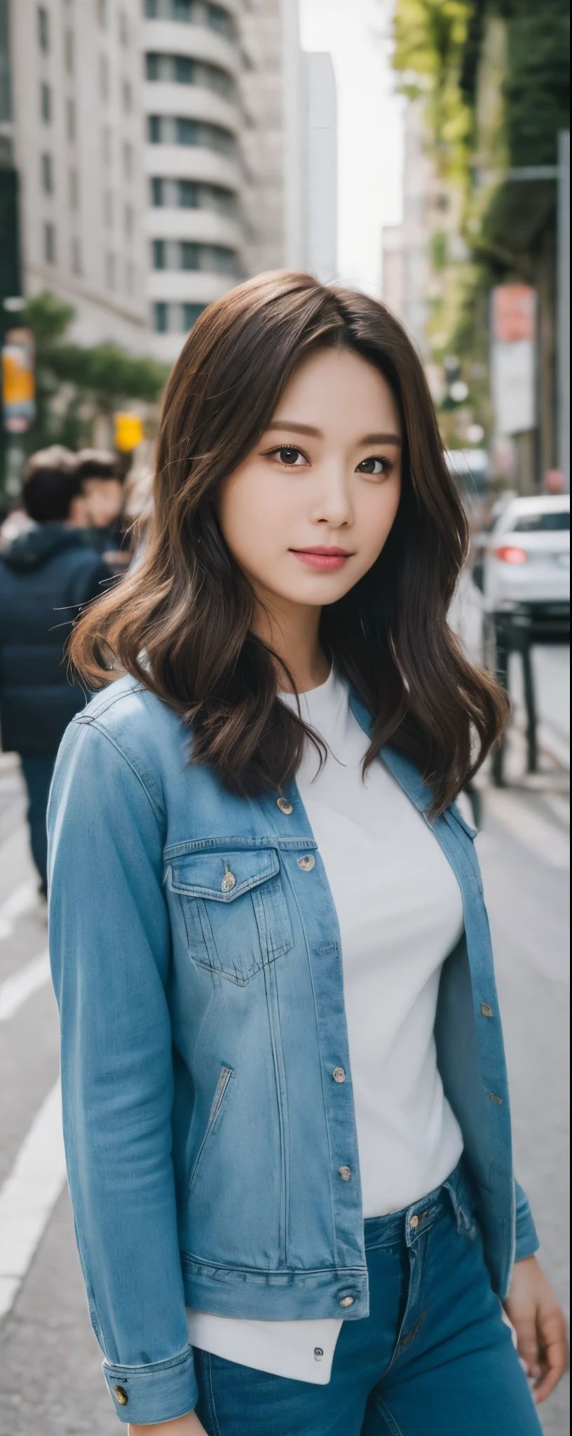 A woman in a white shirt and blue jacket standing on a street - SeaArt AI