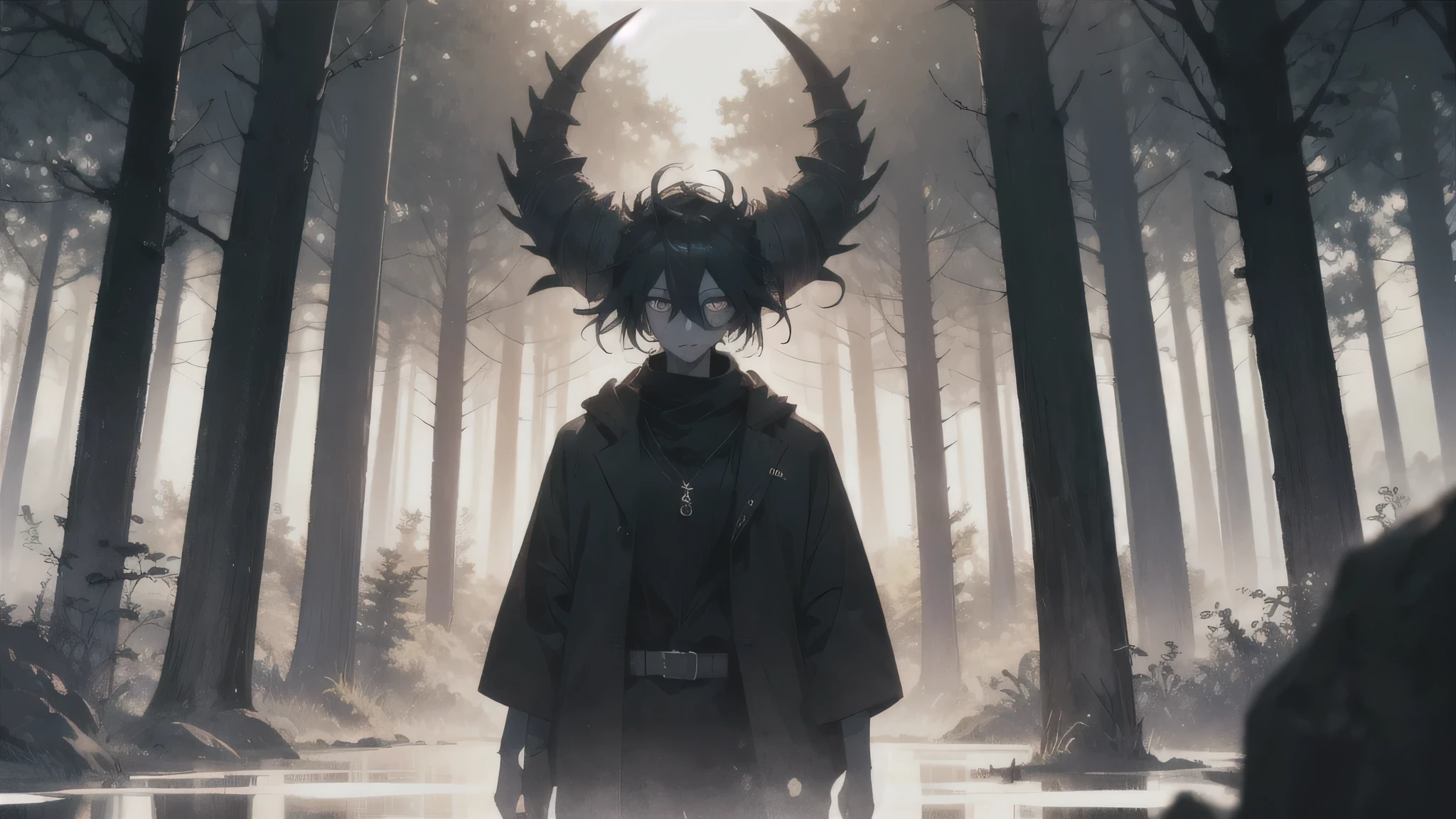 midjourney, ((best quality)), ((masterpiece)), (detailed) dark titan creature with black shadowy body standing high like siren head, head penetrating the clouds, dark forest, foggy , dim light from sun.
