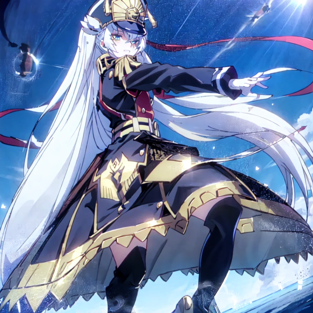 (masterpiece, highest quality),altair,1 girl, Final form,beautiful eyes,full body, elegant, 1 girl, thigh high boots, look down，from below，lower your gaze，cute, blushed, looking at the viewer, From above,blue eyes, beautiful eyes, beautiful background, particles of light, Light of the sun, dramatic lighting, outside, shiny, realistic, highest quality, Super detailed,  scenery, 緻密でbeautiful eyes, thin hair