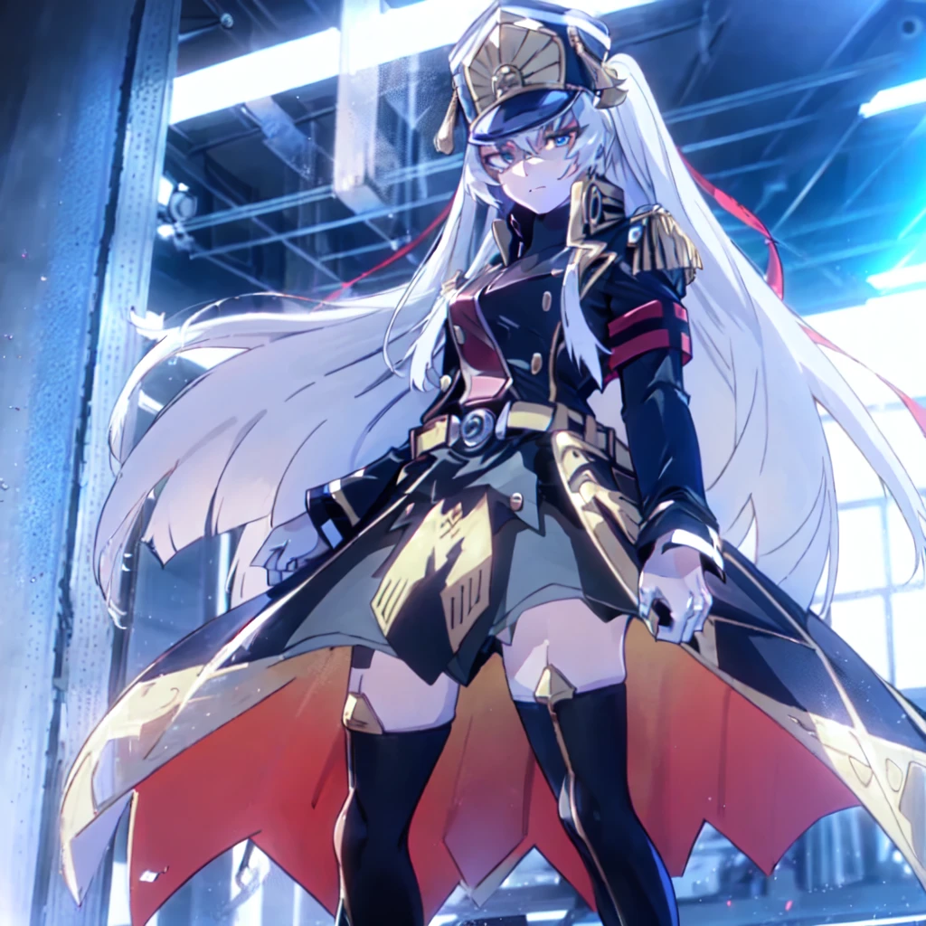 (masterpiece, highest quality),altair,1 girl, Final form,beautiful eyes,full body, elegant, 1 girl, thigh high boots, look down，from below，lower your gaze，cute, blushed, looking at the viewer, From above,blue eyes, beautiful eyes, beautiful background, particles of light, Light of the sun, dramatic lighting, outside, shiny, realistic, highest quality, Super detailed,  scenery, 緻密でbeautiful eyes, thin hair