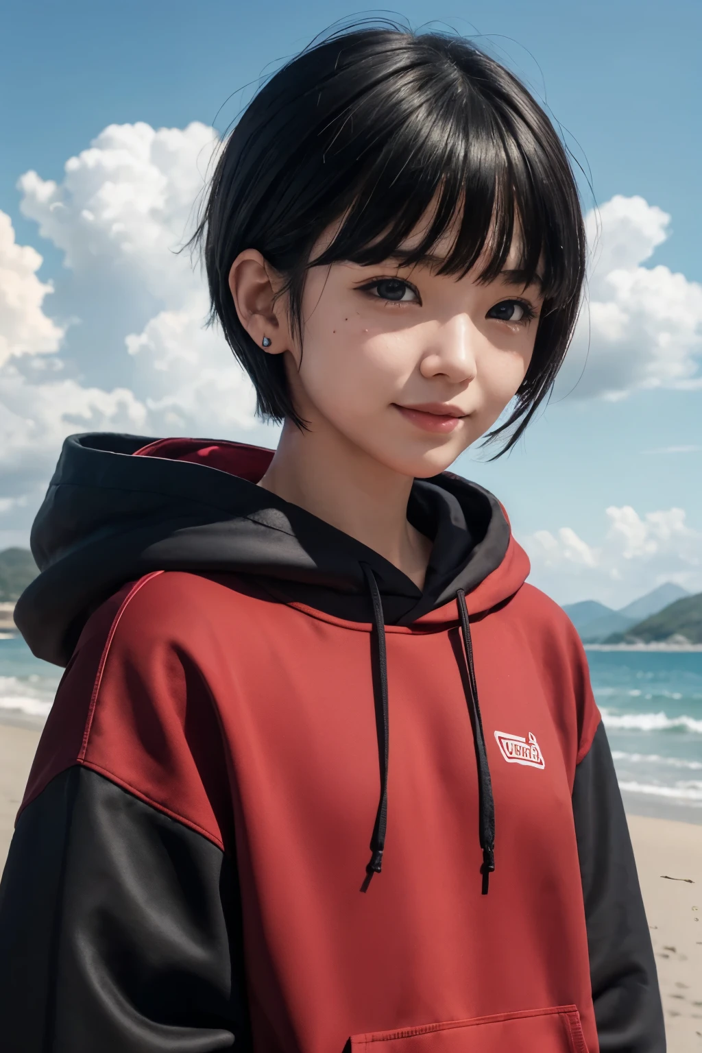 summer day、blue sky、Summer clouds、Respect、red hoodie、upper part of the body、smile、closed mouth、short hair、slanted bangs、slanted bangs、top quality, female、solo, gray hair, black hair, two tone hair, 갈라진 Lips, black eye, Lips, Gothic, mole, colorful、A red and fantastic world、The wind blows、eyes sparkle
