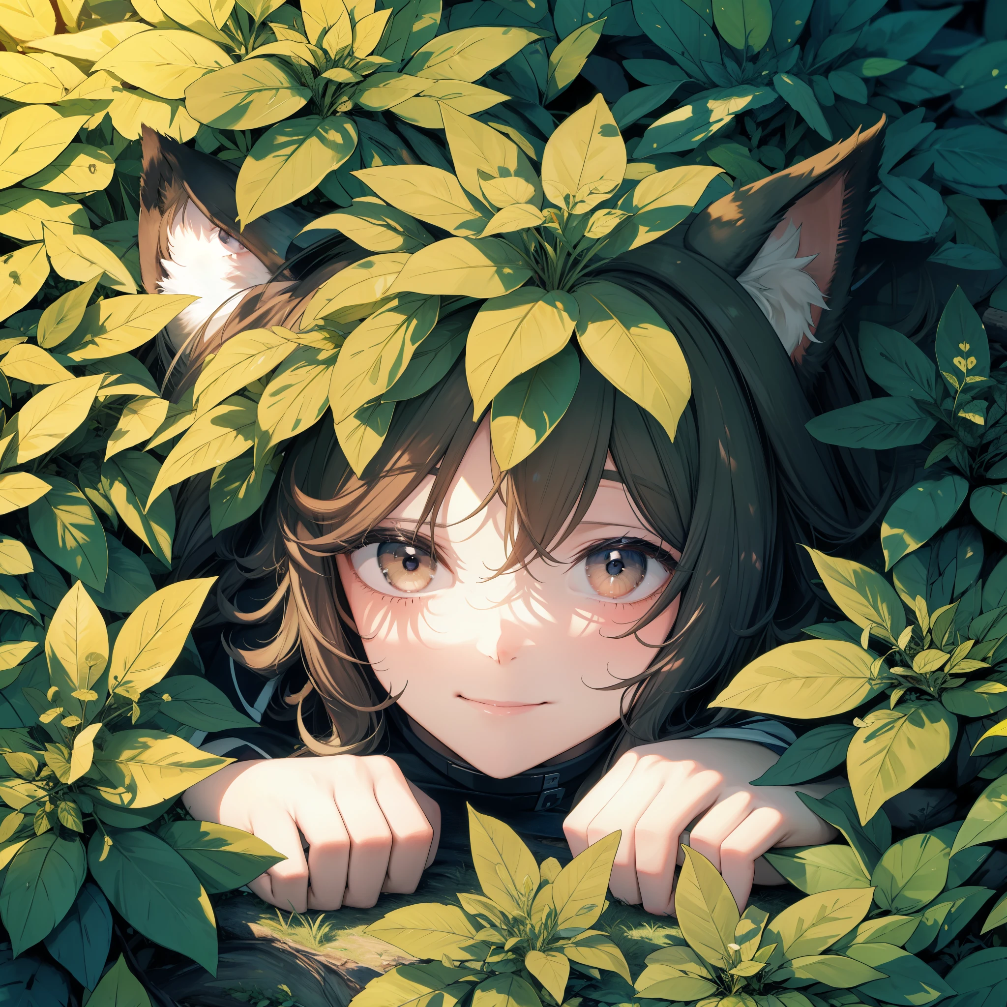 best quality, masterpiece, highres, solo, 1girl, in a leavy bush, DOG ears ,only head out of bush,close up,lie down on bush,smile