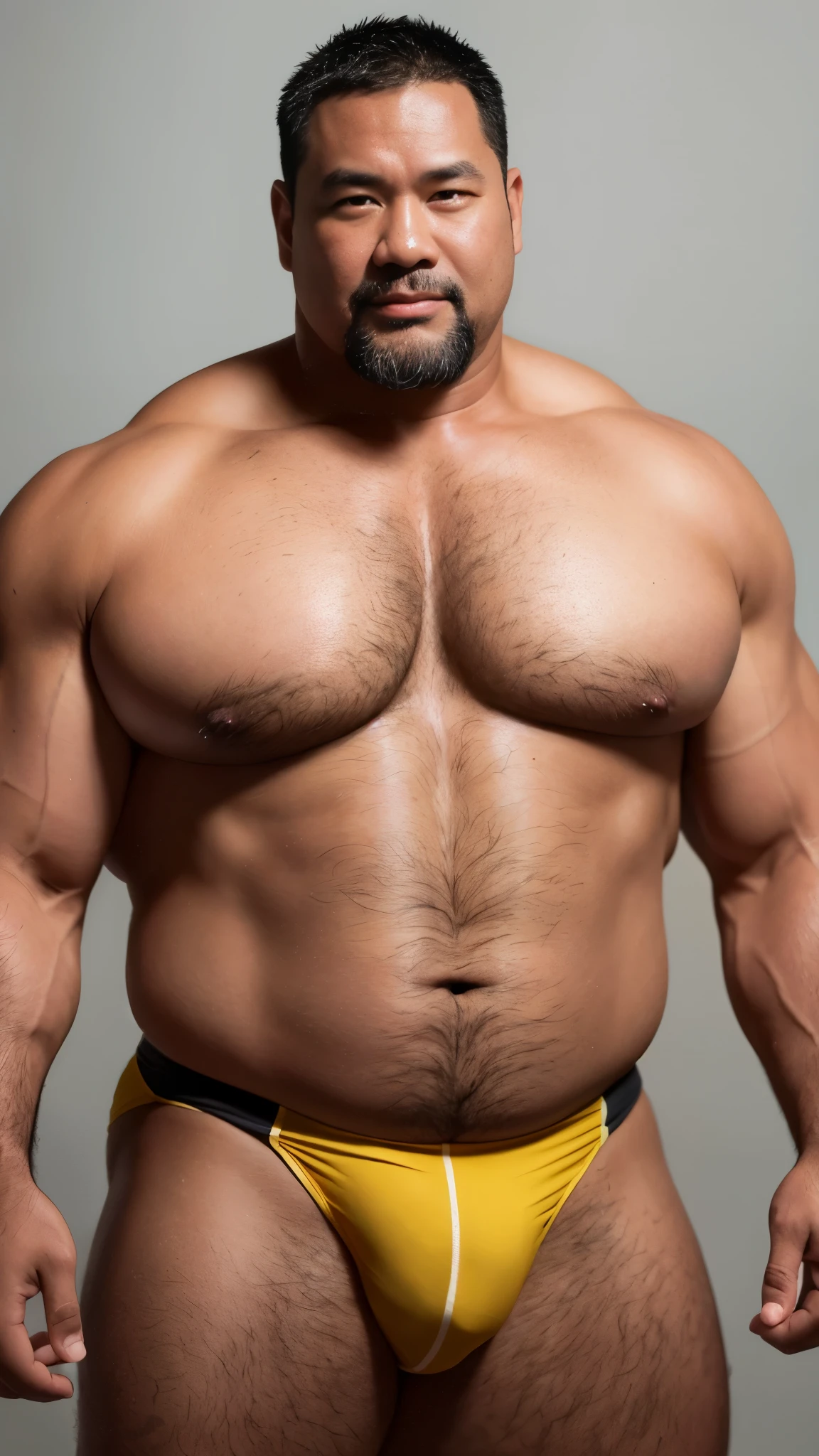 black hair, middle-aged man, individual, male, Muscular wrestler, muscular, Stout wrestler, Asian, Japanese, uncle, 55 year old middle-aged man, short hair, short hair, blue wrestling boots, full body portrait, shadow, Vision, yellow briefs, obesity, 45 years old, short beard, middle-aged man, tattoo, fingerless gloves, Wheat skin, shiny skin, dark skin, Show your pectoral muscles, sumo wrestler, bodybuilder, wide temples, Visible abdominal muscles, Smile, Fine hands, solid color background, pure white background, Surrealism, Panorama, 8k, super detail,