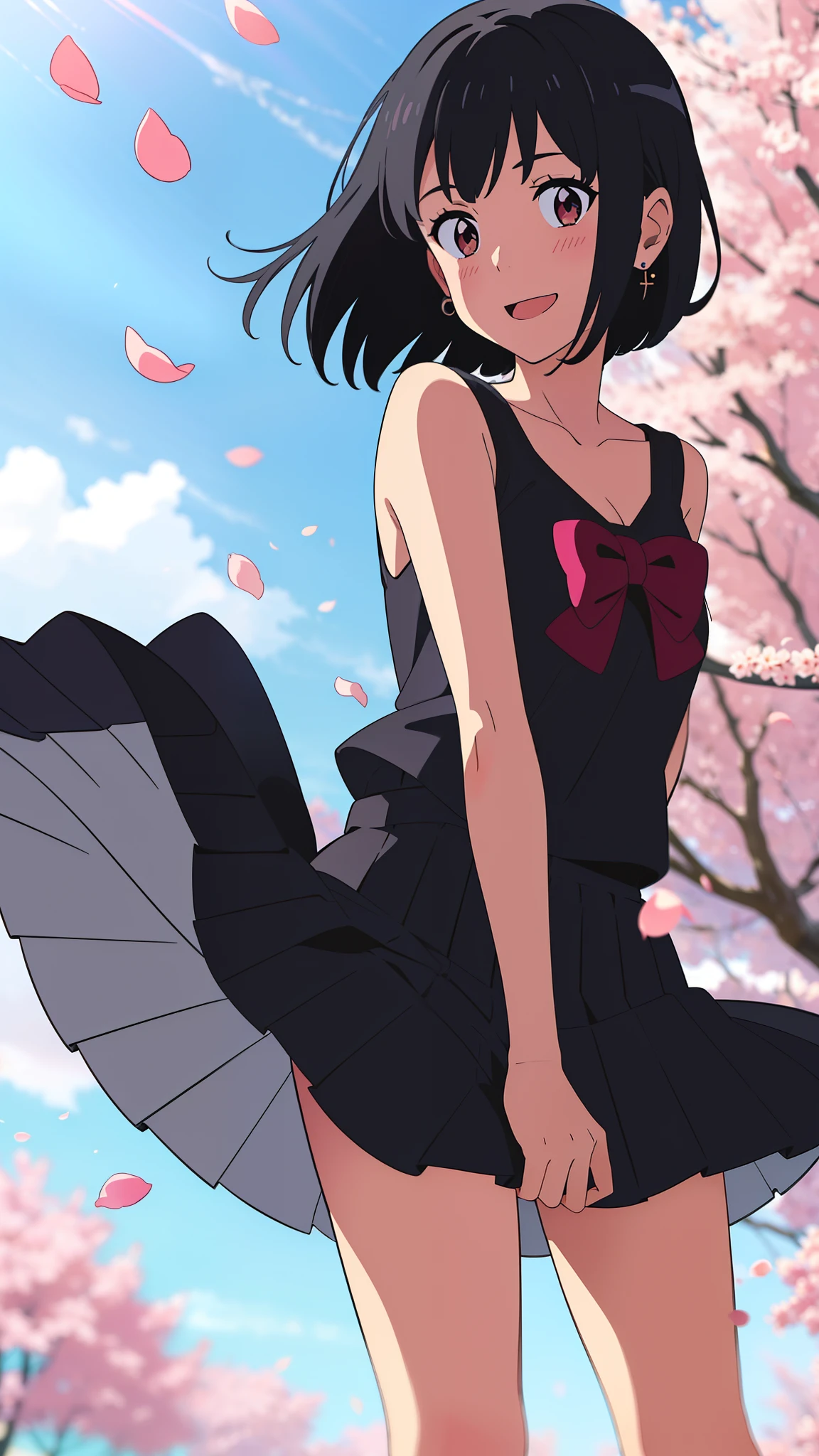 shinkai makoto, kimi no na wa., 1girl, bangs, black hair, collarbone, black shirt, bare shoulders, white pleated skirt, short skirt, red headband, red bow, red ribbon, blush, bright eyes, brown eyes, short hair, smile, cute, beautiful, open mouth, love, looking at the viewer, earrings, cherry_blossoms, falling_petals, petals, branch, pink_flower, blue_sky, sunlight, spring_season, wind, tree
