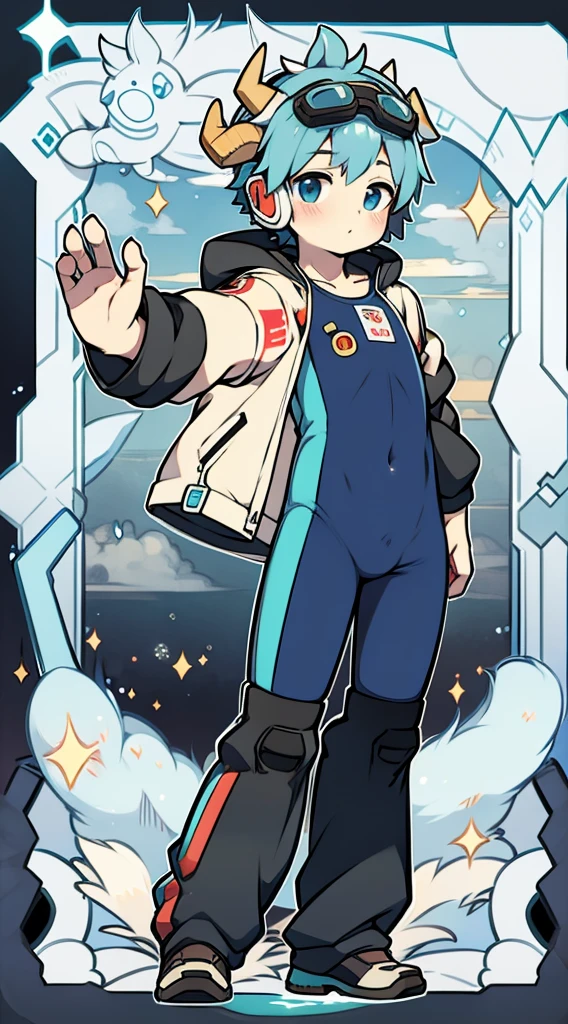 2D boy Shota，One-piece mountaineering suit，Slim, healthy body，Put the headphones on your head，stand up，goggles，horns，black
