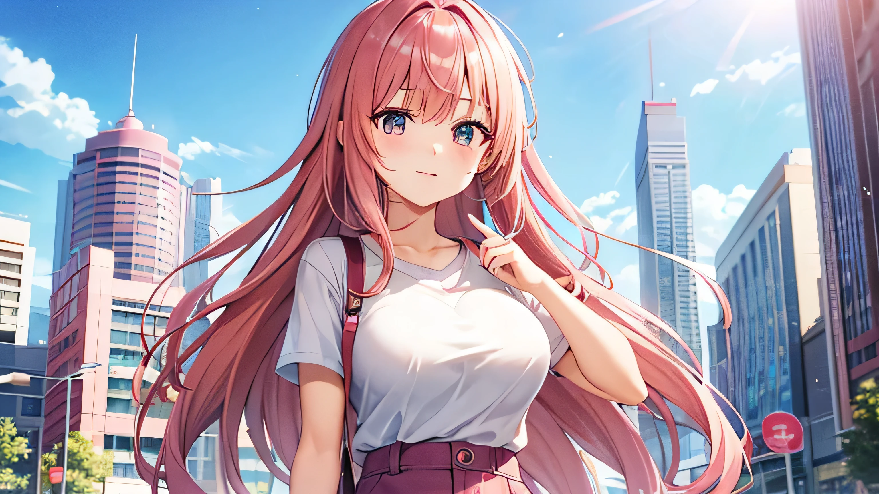 anime、pink hair、big breasts、valley、white shirt、pink shorts、city road、one person