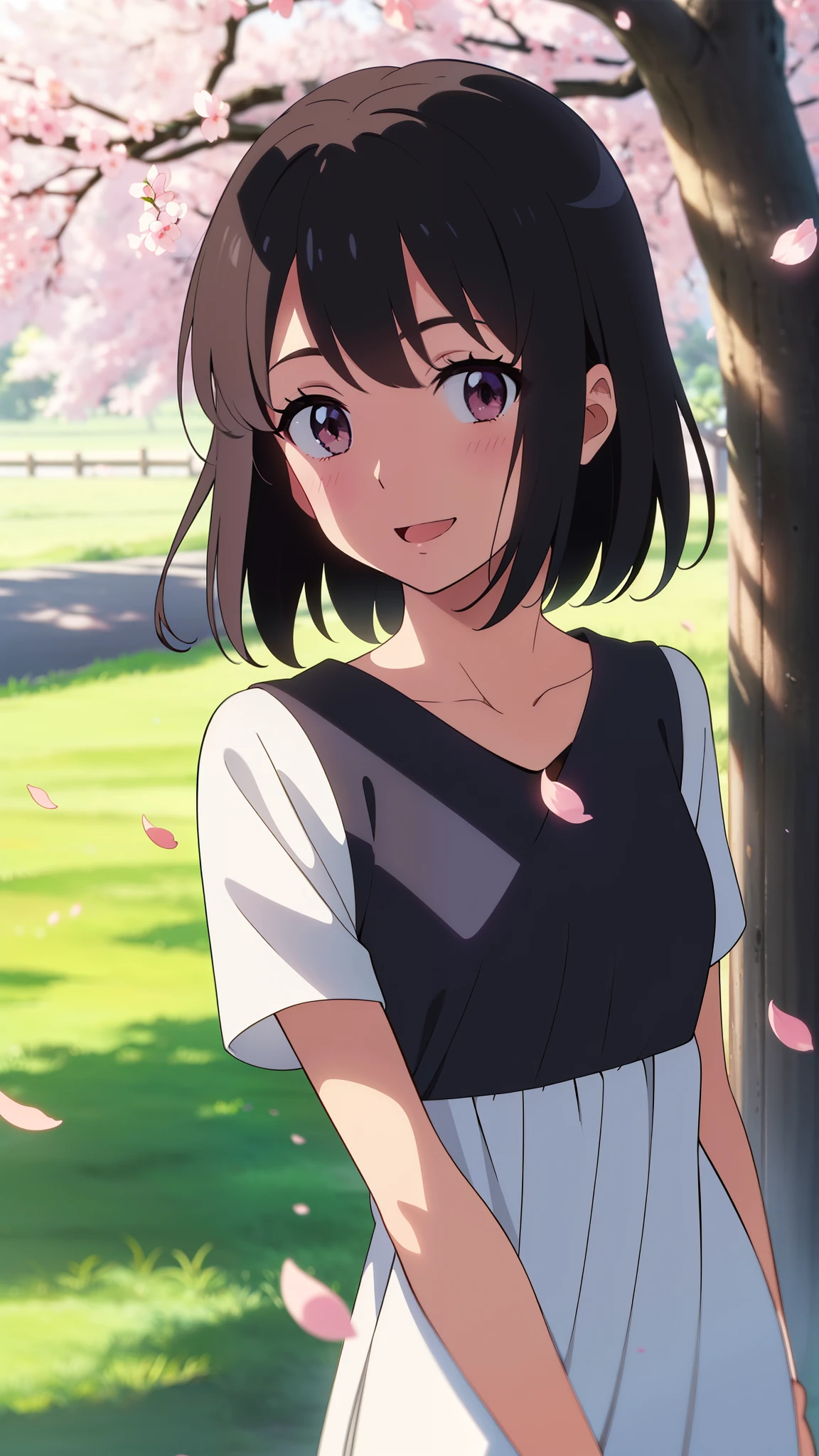 shinkai makoto, kimi no na wa., 1girl, 1boy, bangs, black hair, (boy wear white shirt), ((girl wear white dress, short dress, red headband), short sleeves, blush, bright eyes, brown eyes, red ribbon, short hair, smile, cute, beautiful, open mouth, love, adorable, couple, dating, looking at the viewer, cherry blossoms, falling petals, petals, branch, pink flower, sky, sunlight, spring season, wind, tree, upper body