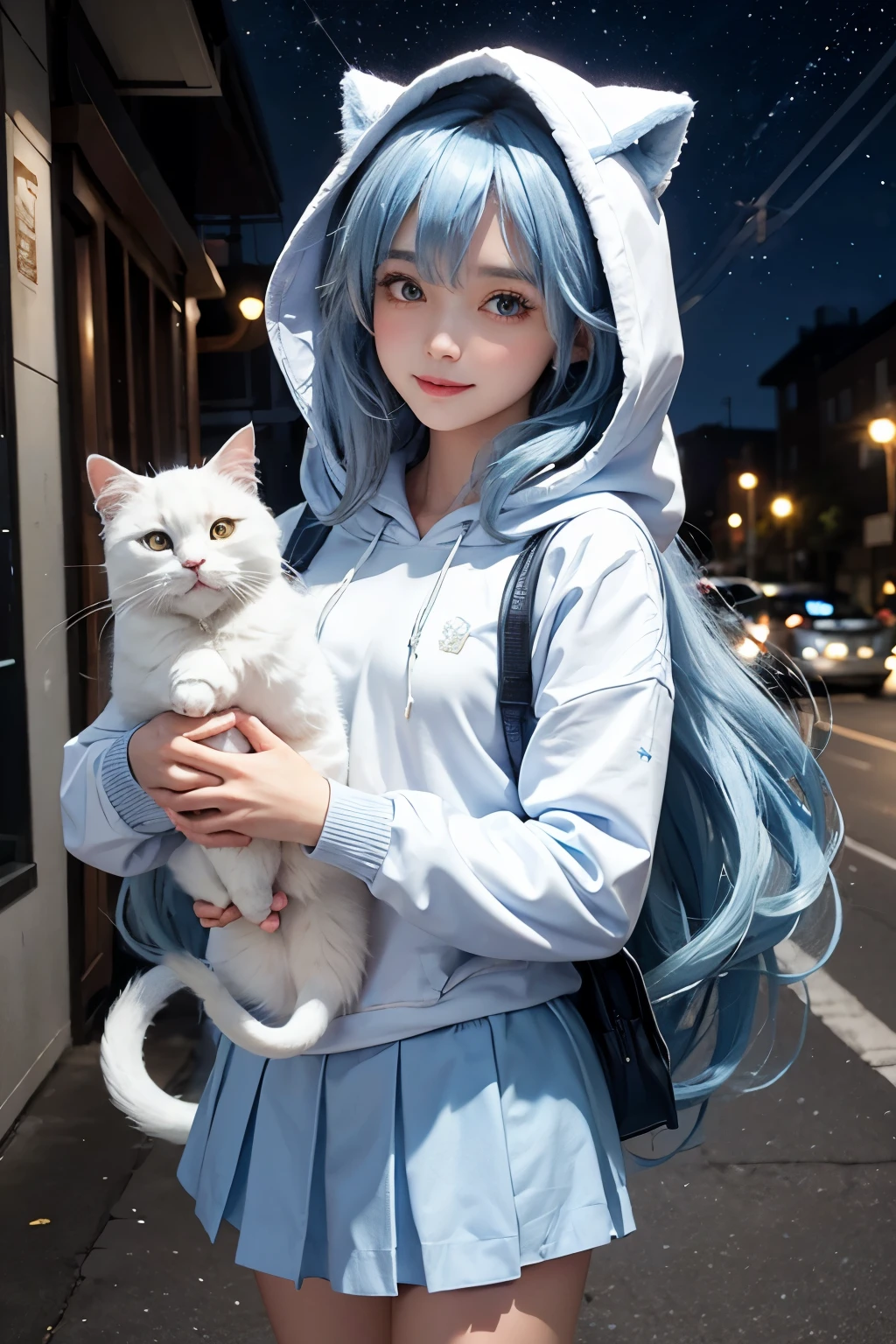 pretty star, long curly hair on city street, Happy woman with blue and light blue hair, wearing a white hoodie, white skirt, Holding a notebook and holding a pencil, holding a white cat, Stars and moon shining around girl