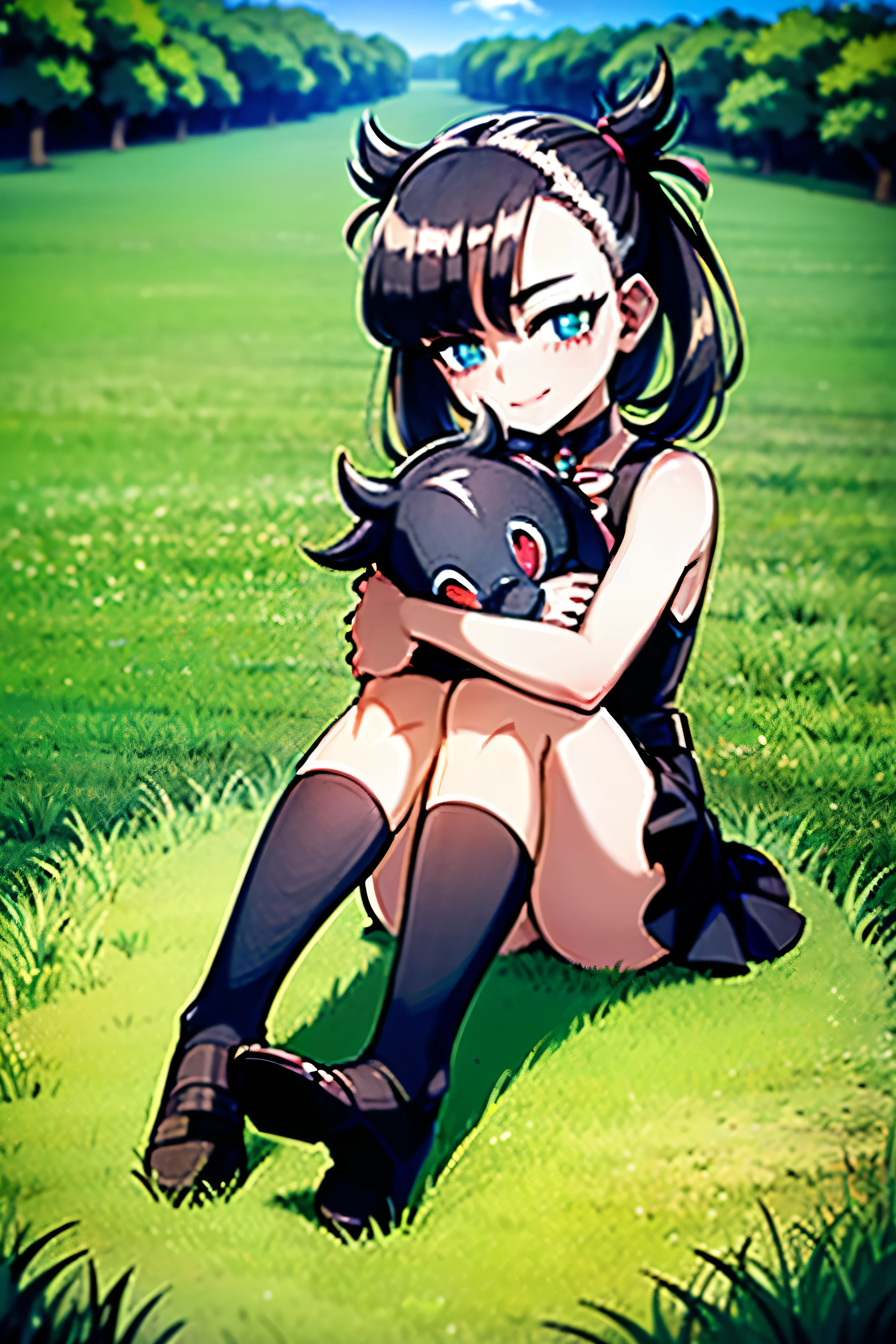 ((Marnie:1.2)),1 girl, (masterpiece, highest quality, highest quality, official art, beautiful and aesthetic,:1.2), blush, smile, closed mouth, grass, god&#39;s light, blue sky, nature, sunlight, shiny thighs, sitting, (Hug your knees with nothing in your hands:1.2), full body, wide shot,perfect hand shape:1.6