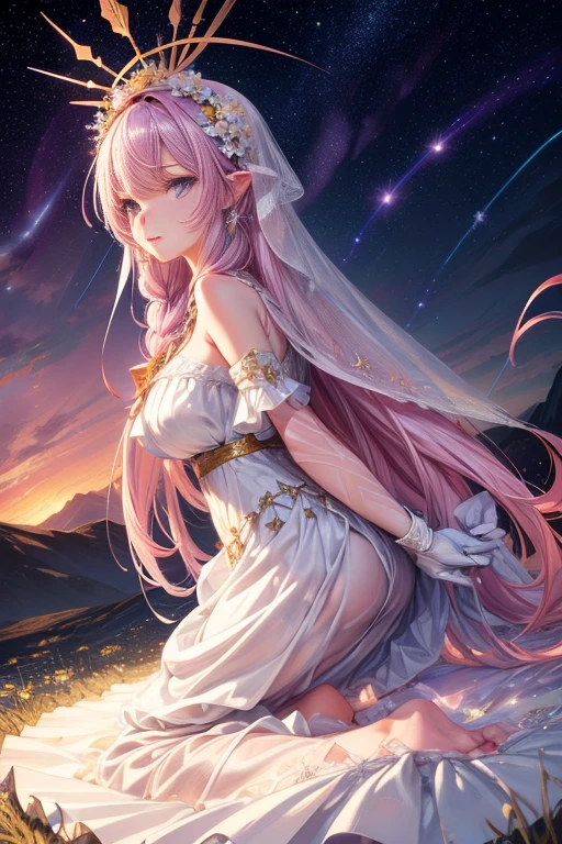 Colorful star trails floating white feathers),purple,(((((masterpiece))))),(((((high resolution))))),alone,(hair open),((flowing hair)),pink hair,blue_Eye,Everlasting,Busty beauty details skirt, flower patterns on clothes,White dres wearing gloves,ribbon,hair ribbon,hair flower,veil,beautiful detailed sky,glowing light,Ray tracing,reflected light,depth of field,((((Put your arms behind your back)))),flowers and grass,Mountain,(((((character idea))))),(((((Extremely detailed CG unified 8K wallpaper))))),Cross necklace,crown,earrings,bridal veil,sling,starry sky,cluster,starry sky,twinkling stars,,poker face,Neat figure,sit on the floor，Nice butt，beautiful butt