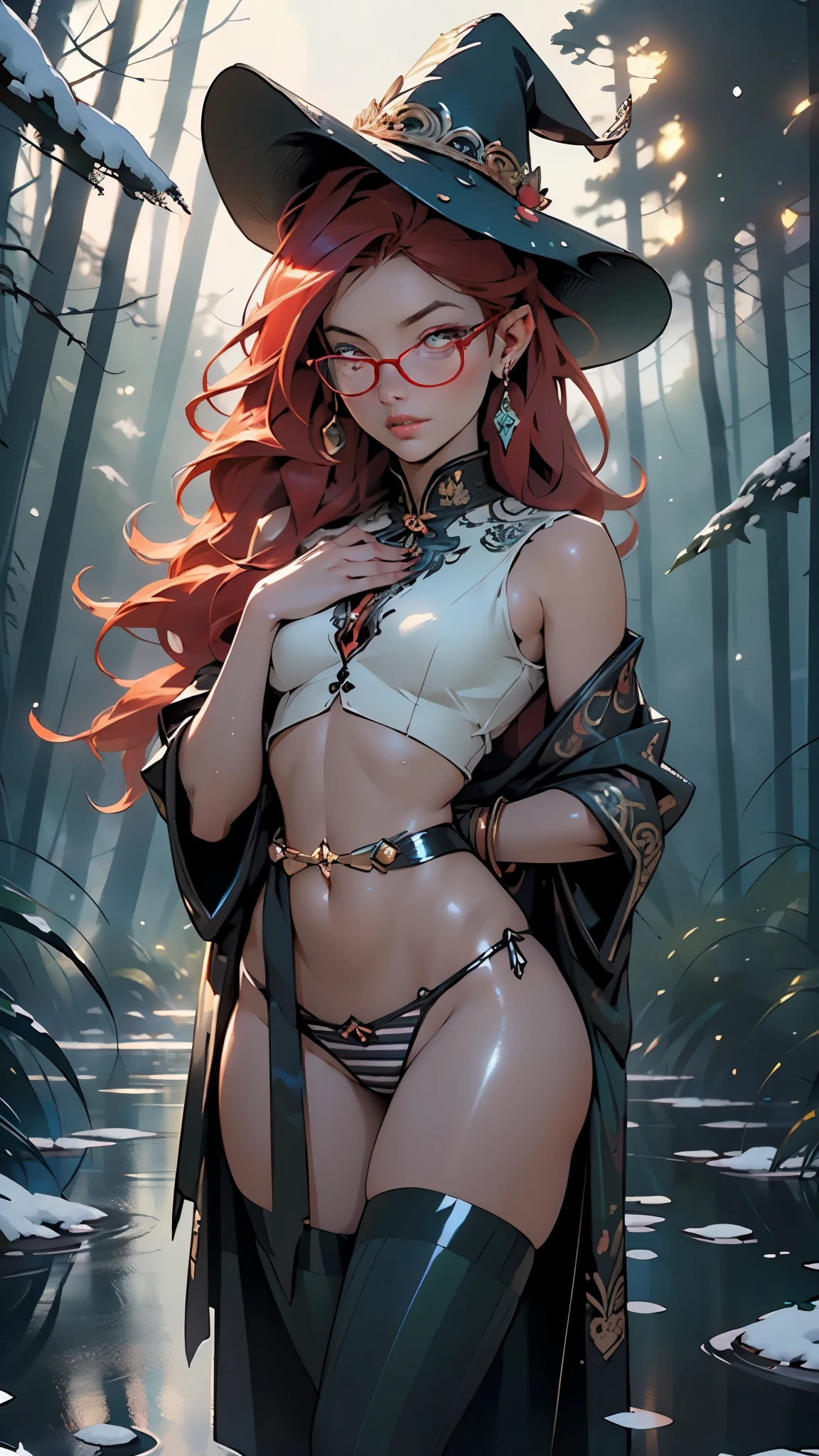 girl,1girl,((,,young)),

(flat chest:1.5),(((red hair:1.4,long hair:1.4,colored inner hair))),((red_eyes:1.3))),intricate eyes,beautiful detailed eyes,symmetrical eyes,(big eyes:1.5, large_eyes),((((lustrous skin:1.5,bright skin: 1.5,skin tanned,shiny skin,very shiny skin,shiny body,illuminated skin)))),(spider lower abdomen,narrow waist,wide hip,bimbo body,inflated legs,thick thighs,delicate detailed fingers),(((detailed face))),

cute,slutty,sensual,seductive look,seductive,((erotic)),opulent,sumptuous,longingly,((nsfw)),

(witch_hat, thick_thighs, striped_legwear:1.5, barefoot, bare_leg, long_hair),wavy_mouth,(stripes:1.5),(glasses:1.5),((panties, thong)),(((ornate outfit,ornate clothes))),

(dynamic pose:1.0),embarrassed,(centered,scale to fit dimensions,Rule of thirds),

((snowy pine forest at night, dark forest, swamp, murky water, foggy, creepy aura, eerie atmosphere)),with dark stormy clouds,winter,scenery:1.25,intricate scenery,((snow forest background)),

(Glossy winter ornaments),highres,sharp focus,(ultra detailed,extremely detailed),(photorealistic artwork:1.37),(extremely detailed CG unity 8k wallpaper),(((vibrant colors,vibrant theme))),(intricate),(masterpiece),(best quality),artistic photography,(photography taken by sldr),(intricate background),perfect rendered face,perfect face details,realistic face,photo realistic,((intricate detail)),(((realism))),
