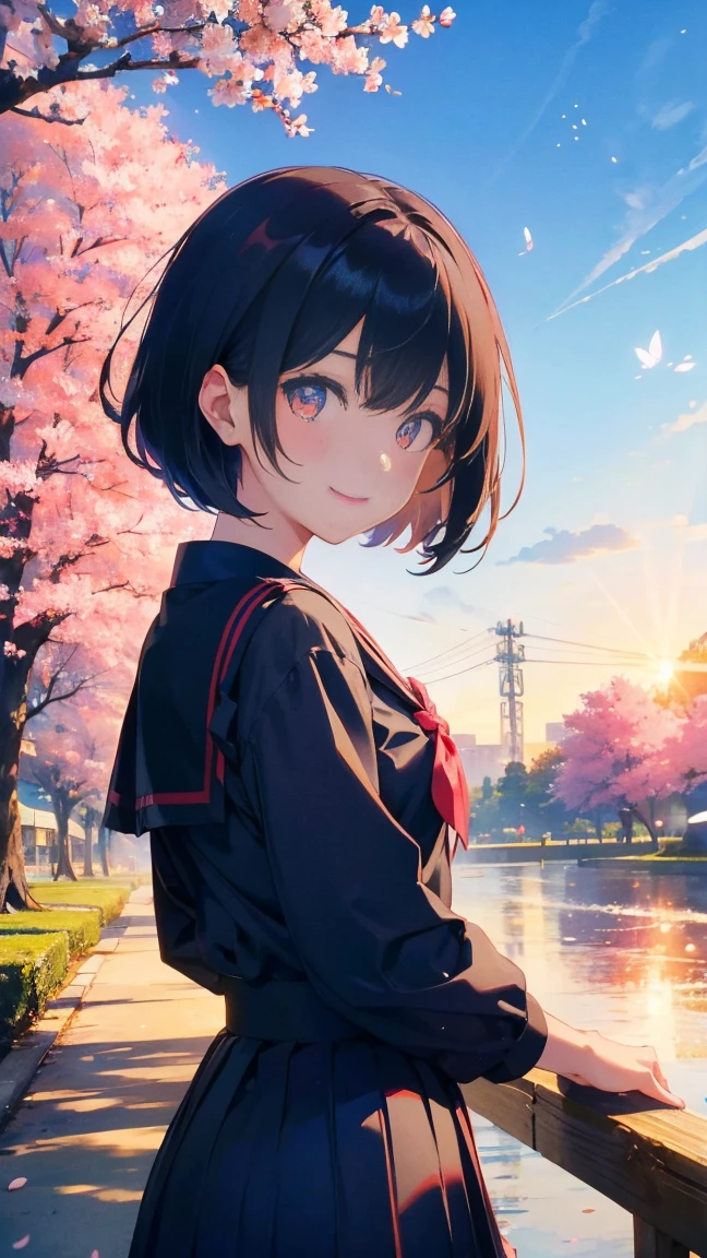 1 anime girl, girls in the Meiji Period,alone,Black petals flutter, A mysteriously shining butterfly.city,Black vibrant hair,bright black jewel eyes,short bob,thin legs,very clear,highest quality,smile,close up of face,cherry blossomsの花びらに触れる,cherry blossoms,turn to the side,空に舞うたくさんのcherry blossomsの花,beautiful blue sky,meteor,Meiji-era cityscape