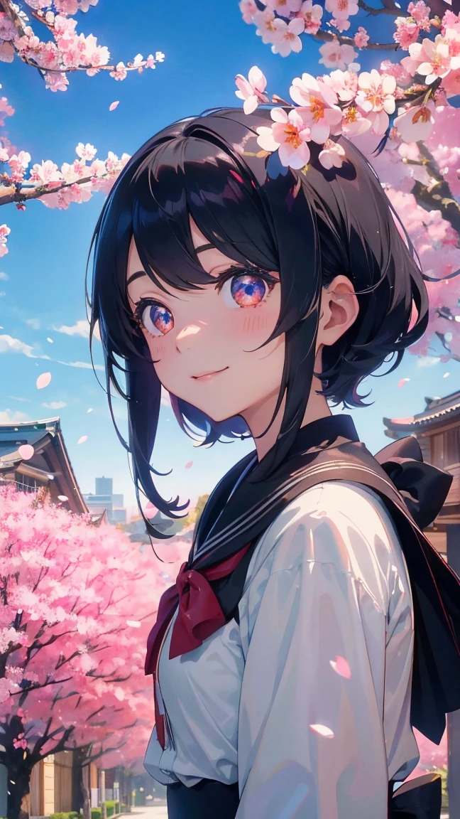 1 anime girl, girls in the Meiji Period,alone,Black petals flutter, A mysteriously shining butterfly.city,Black vibrant hair,bright black jewel eyes,short bob,thin legs,very clear,highest quality,smile,close up of face,cherry blossomsの花びらに触れる,cherry blossoms,turn to the side,空に舞うたくさんのcherry blossomsの花,beautiful blue sky,meteor,Meiji-era cityscape