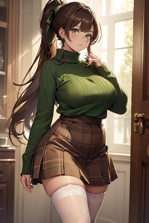 ((masterpiece)), (best quality:1.7), (detailed:1.4), (high res:1.4), 8k, (colorful:1.5), high resolution, sharped image, 4k, hd, (beautiful detailed background:1.2), (beautiful lighting:1.2), (highly detailed:1.2), perfect lighting, (8k wallpaper:1.2), (highly detailed:1.2), (extremely detailed CG:1.2), (((only brunette very long hair ponytail))), ((large chest)), ((busty)), curvy figure, (((light green eyes))), (green loose ribbed sweater and dark brown plaid pattern tan skirt and white stockings), mature, older, human adult, short, fullbody