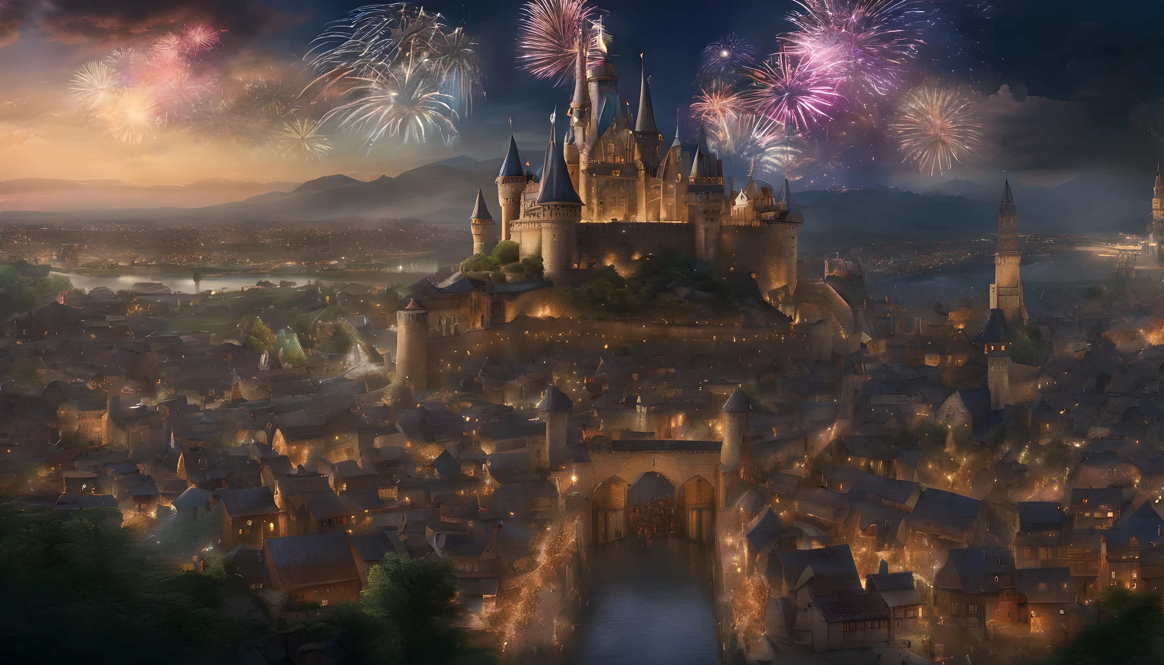 high fantasy, A crowded city with a castle town, medieval background、exterior、midnight、A grand carnival、Many fireworks go off in the night sky