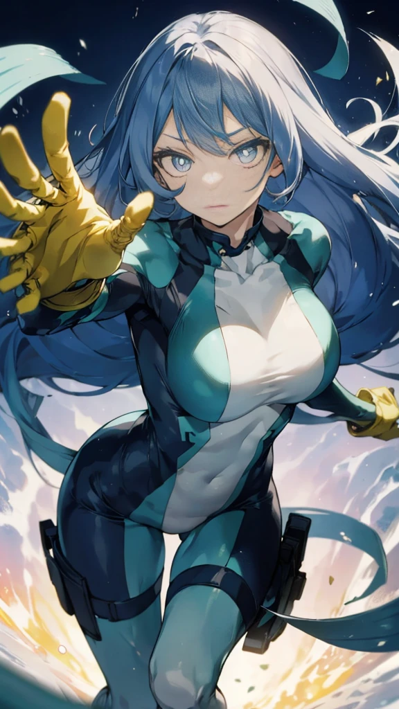 Nejirehadu, Nejire Wave, blue eyes, blue hair, long hair,
壊す blue body suit, body suit, drill hair, gloves, green body suit, multicolored body suit, colorful clothes, yellow gloves,
((壊す full body)),
break white background，Break from below，looking down，
breaking dynamic shot，kung fu pose，highest quality, High resolution, unity 8k wallpaper, (shape:0.8), (beautiful and detailed eyes:1.6), highly detailed face, perfect sentence, Detailed CG, (perfect hands, perfect anatomy),