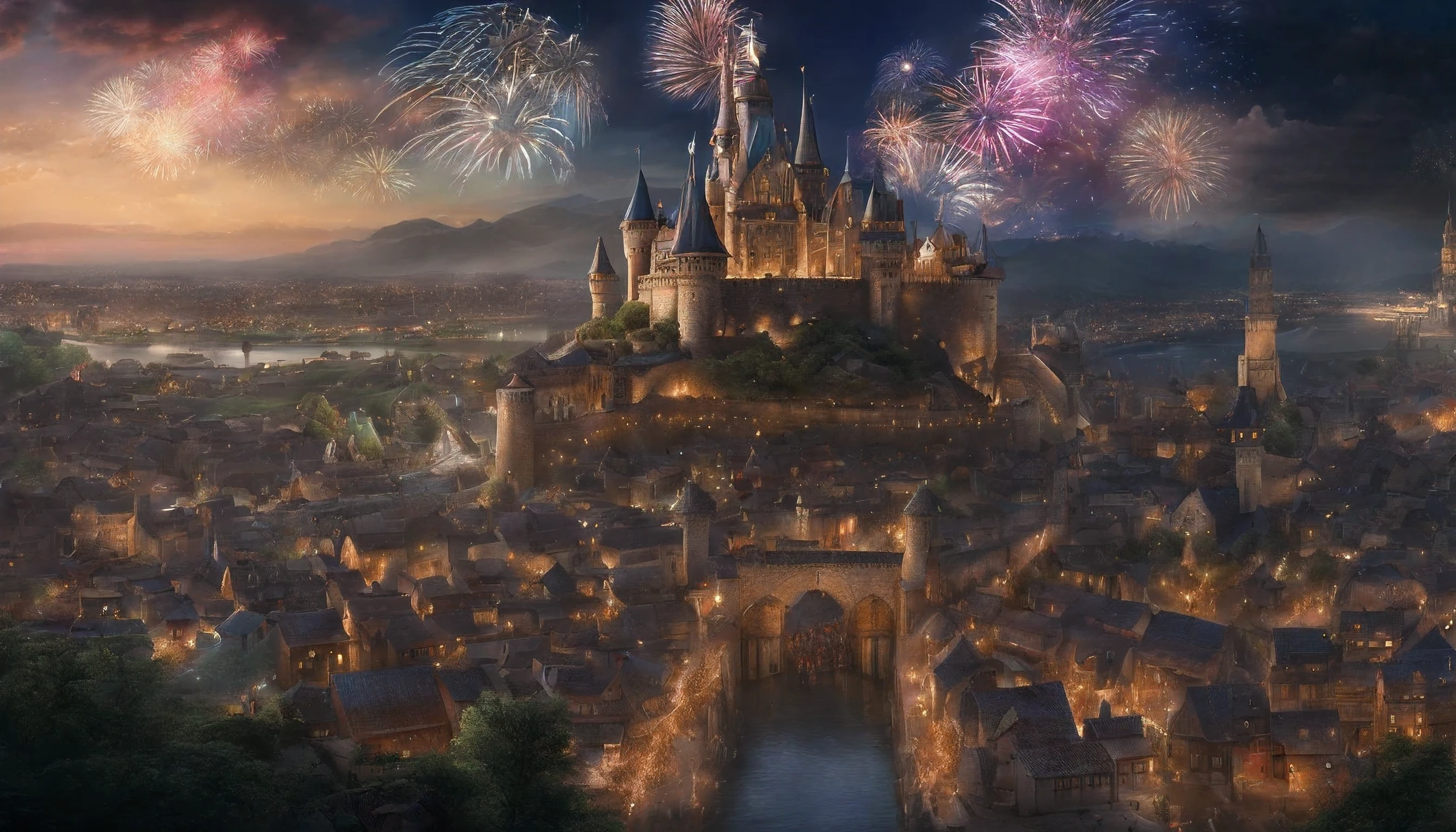 high fantasy, A crowded city with a castle town, medieval background、exterior、midnight、A grand carnival、Many fireworks go off in the night sky