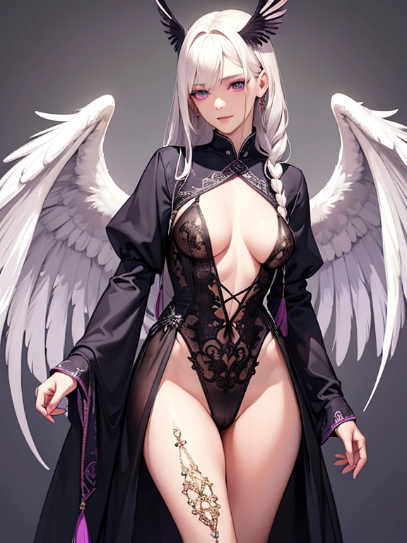 (best quality,ultra-detailed,realistic:1.37),portrait,detailed bird-like wings,detailed bird-like legs,long white hair,beautiful purple eyes,detailed lips,mysterious atmosphere,dark clothing, braid a hair, roupa ladino, manto cobrindo ela, sexy, sex, fucking, naked, sex with a man, fodendo, transando