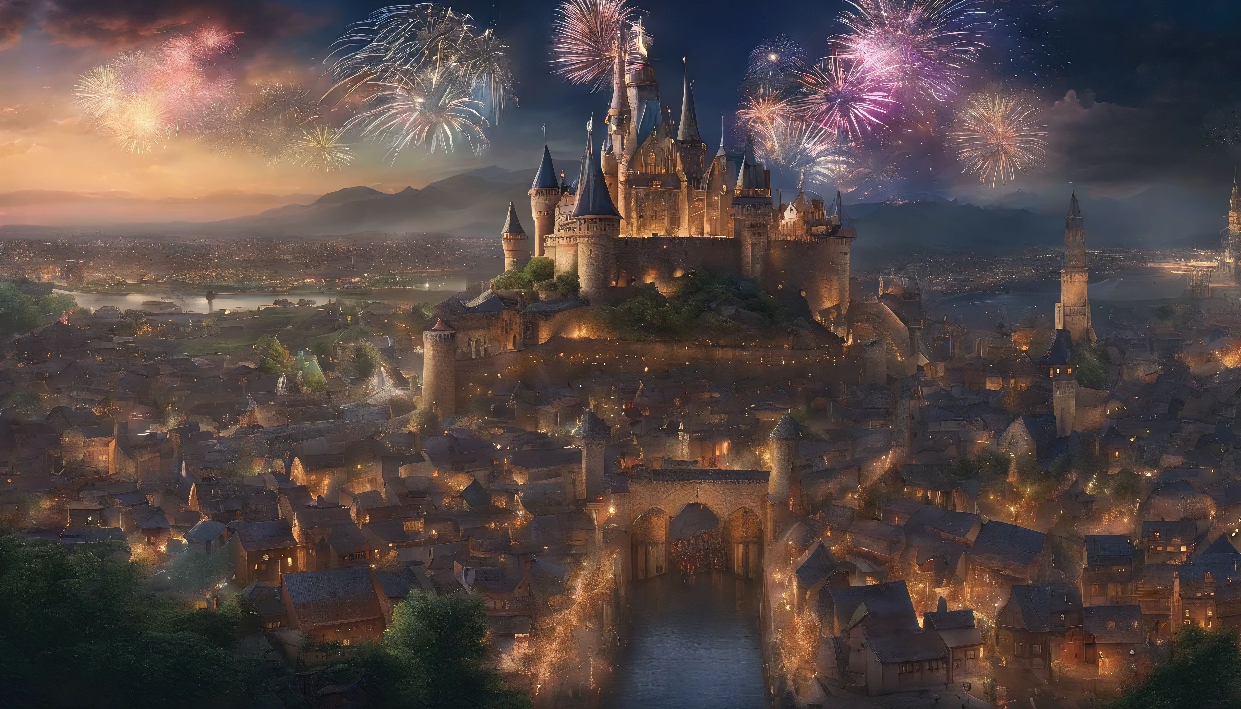 high fantasy, A crowded city with a castle town, medieval background、exterior、midnight、A grand carnival、Many fireworks go off in the night sky