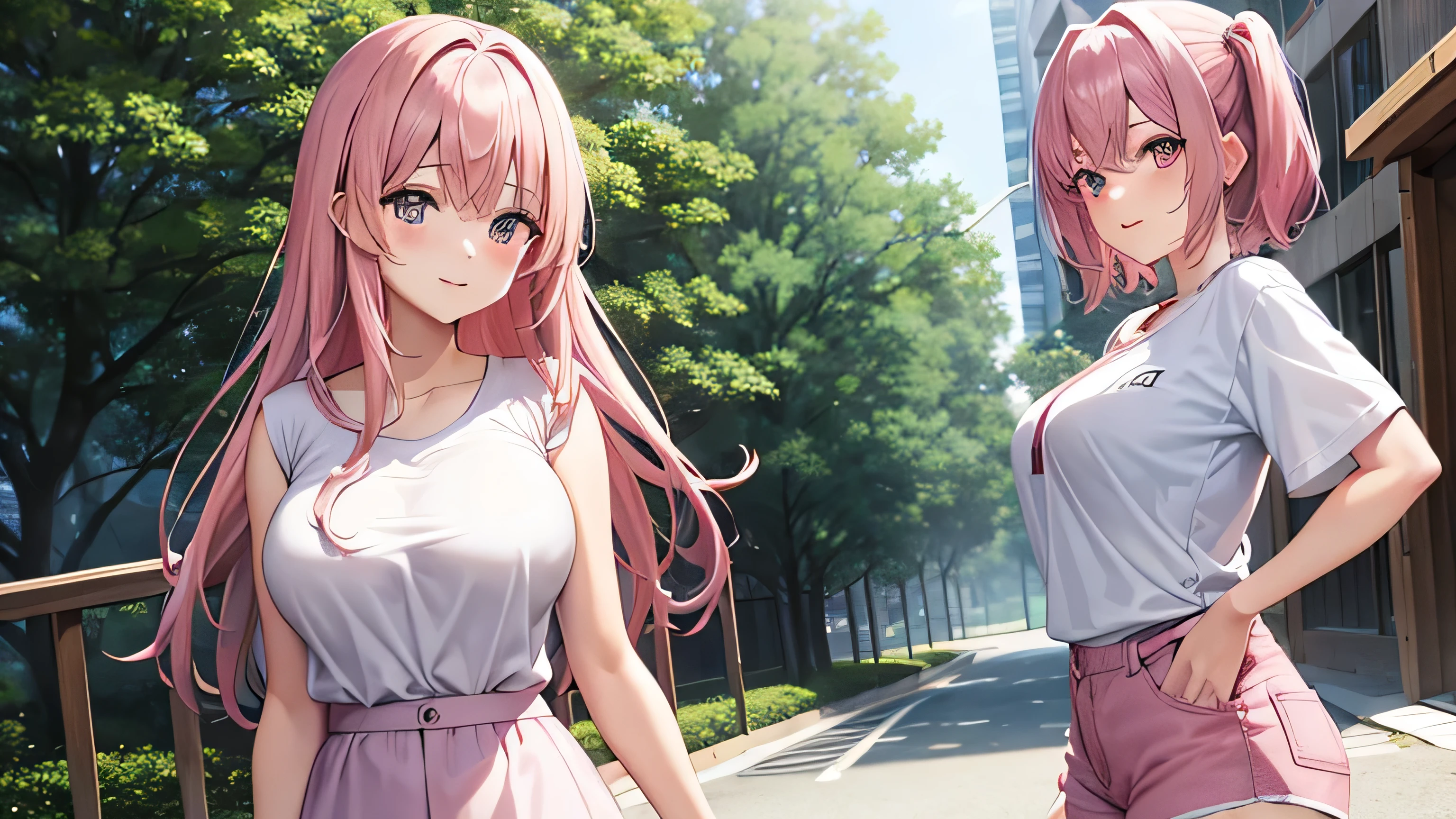 anime、pink hair、big breasts、valley、white shirt、pink shorts、road