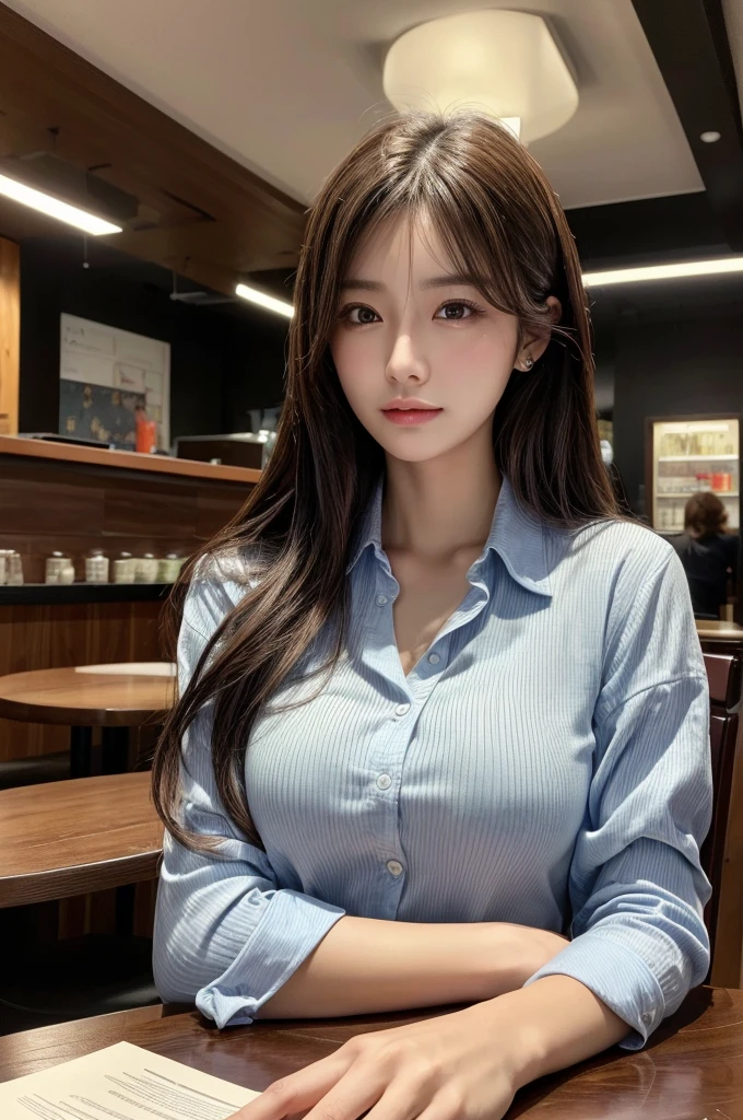 table top, highest quality, realistic, Super detailed, finely, High resolution, 8k wallpaper, 1 beautiful woman, A big chest that looks comfortable to sleep on、In casual business attire, at the cafe, messy hair, perfect dynamic composition, finelyて美しい目、(((超highest quality, masterpiece))), (((very detailed)))