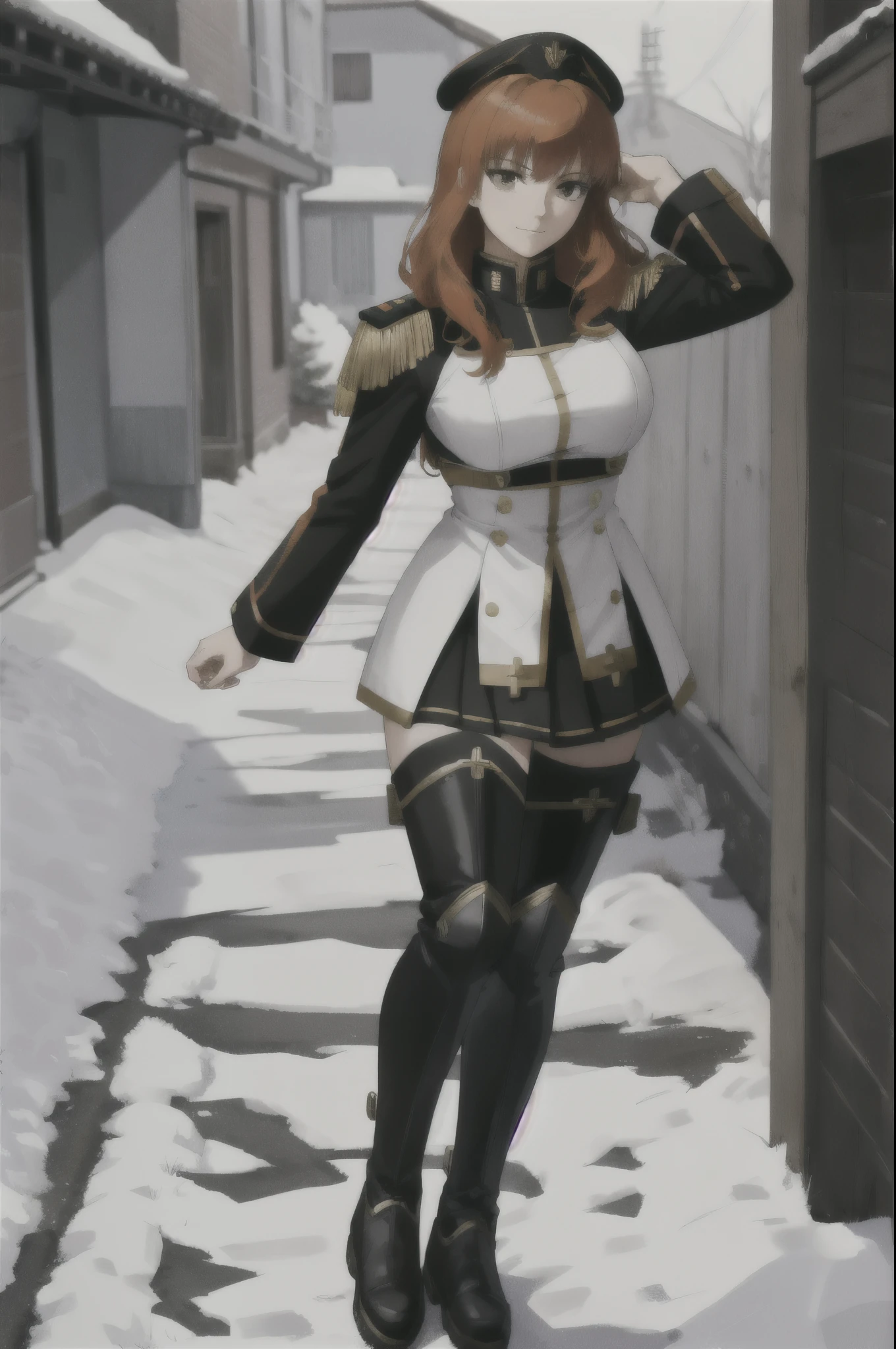 masterpiece, high quality, best quality, 1girl, (muscular female:1.0), (super gigantic breasts:1.0), (closed mouth, half smile), orange hair, hairclip, black militar uniform, skirt, militar hat, black thigh boots, anime screencap, (fully clothed:1.0), full body, celica fe