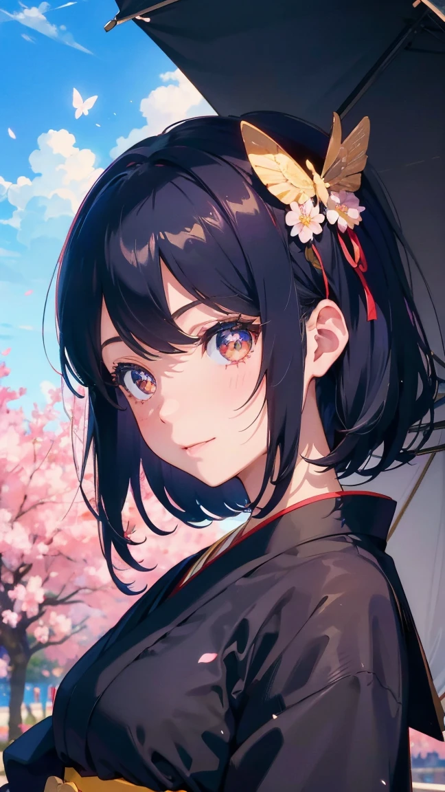 1 anime girl, Schoolgirls in the Meiji Period,Hakama with crest,alone,Black petals flutter, A mysteriously shining butterfly.city,Black vibrant hair,bright black jewel eyes,short bob,thin legs,very clear,highest quality,smile,close up of face,cherry blossomsの花びらに触れる,cherry blossoms,turn to the side,空に舞うたくさんのcherry blossomsの花,beautiful blue sky,meteor,Meiji-era cityscape,Taisho Roman,whole body