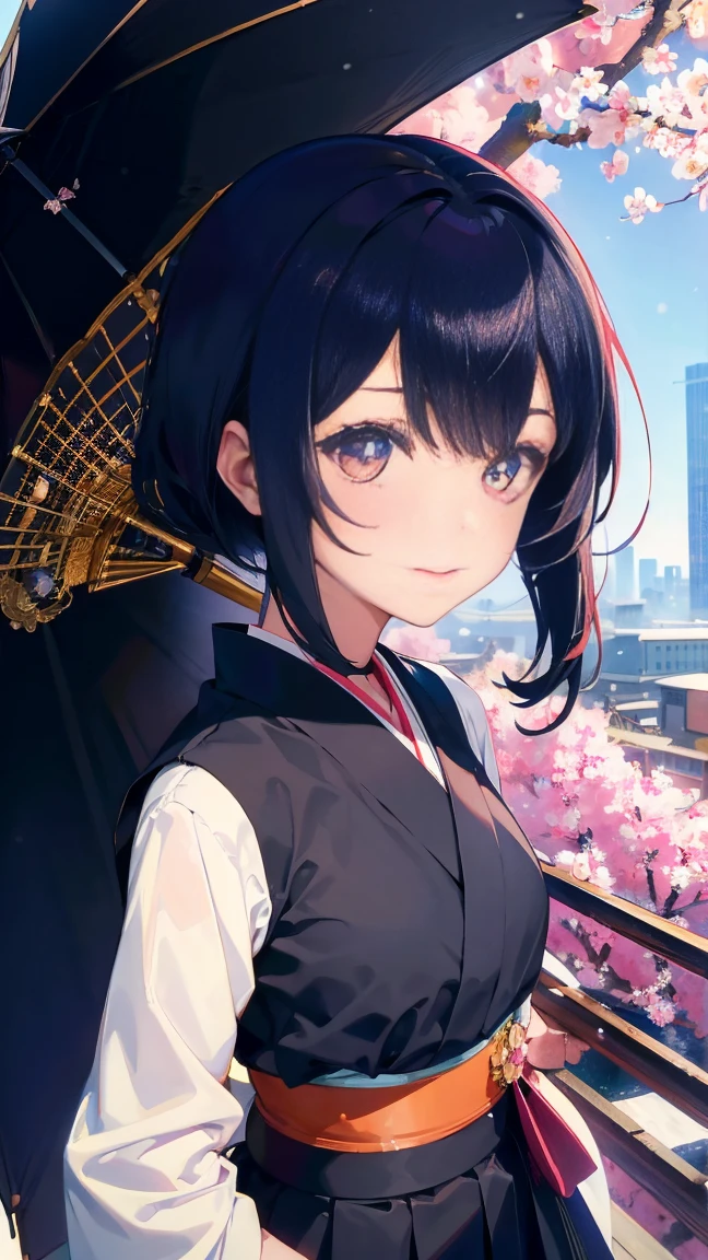 1 anime girl, Schoolgirls in the Meiji Period,Hakama with crest,alone,Black petals flutter, A mysteriously shining butterfly.city,Black vibrant hair,bright black jewel eyes,short bob,thin legs,very clear,highest quality,smile,close up of face,cherry blossomsの花びらに触れる,cherry blossoms,turn to the side,空に舞うたくさんのcherry blossomsの花,beautiful blue sky,meteor,Meiji-era cityscape,Taisho Roman,whole body