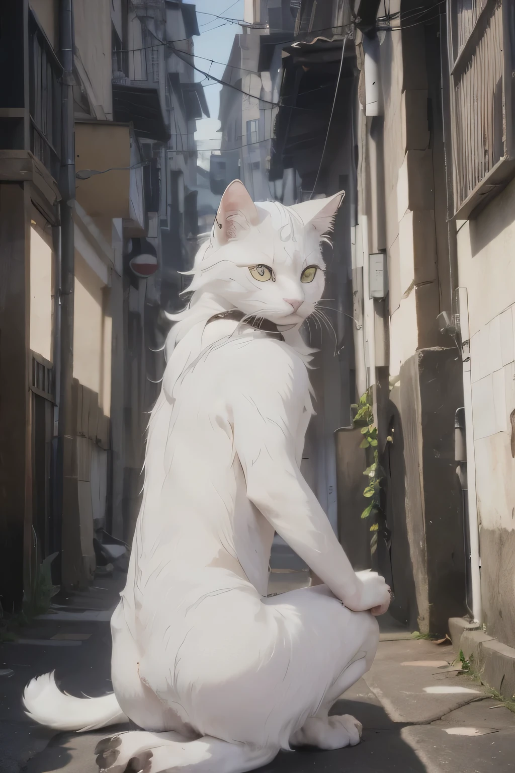 A beautiful white furred werecat with piercing golden eyes that stare out at you from an alleyway. She has black claws and a human appearance but with quite the catty twist