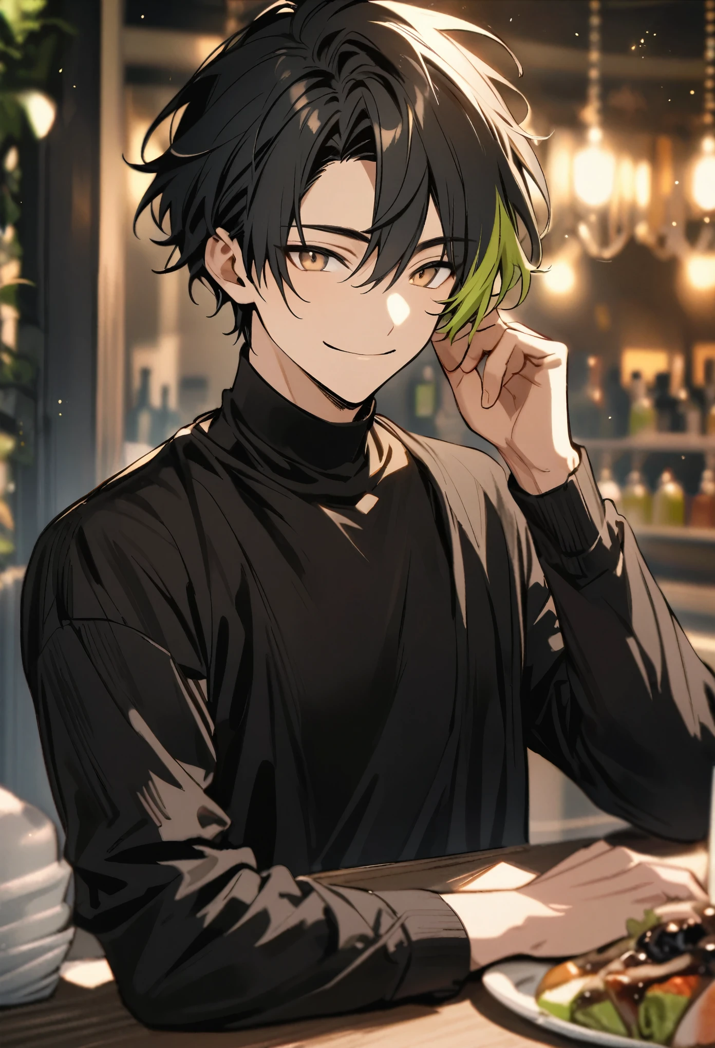 Handsome, solo, 1 male, short hair, black hair, green highlights on the tips, light brown eyes, smile facial, black shirt, long sleeves, black short