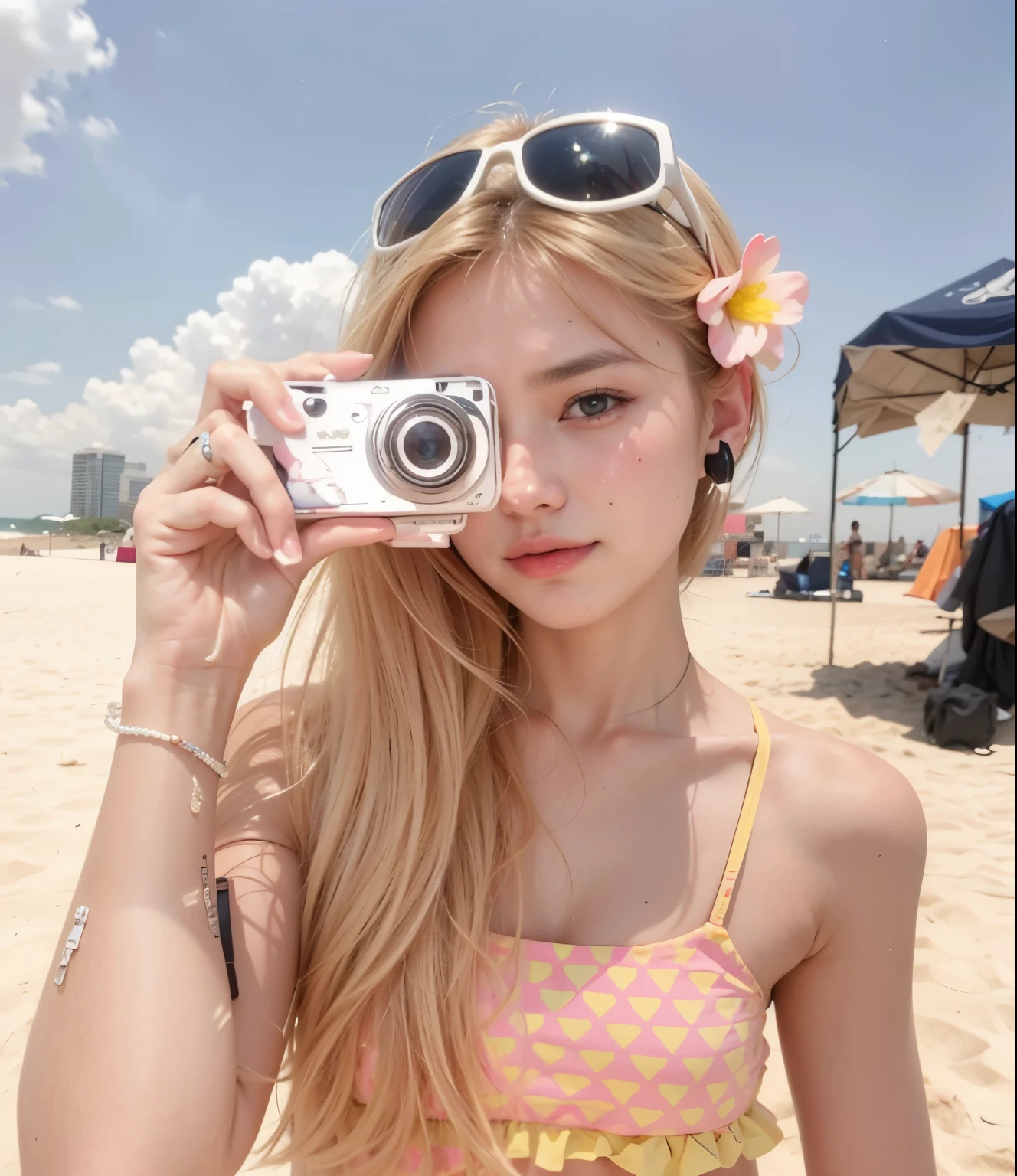 Blonde woman in bikini taking a photo with a camera., japanese gyaru portrait, estilo anime mezclado con Fujifilm, chica anime en la vida real, bella delfina, kim taejin, gemma chen, foto de playa, she parece una mezcla de mugre, ulzzang, en estilo de ren colgar, parece una mezcla de mugre, inspirado en Ren Hang